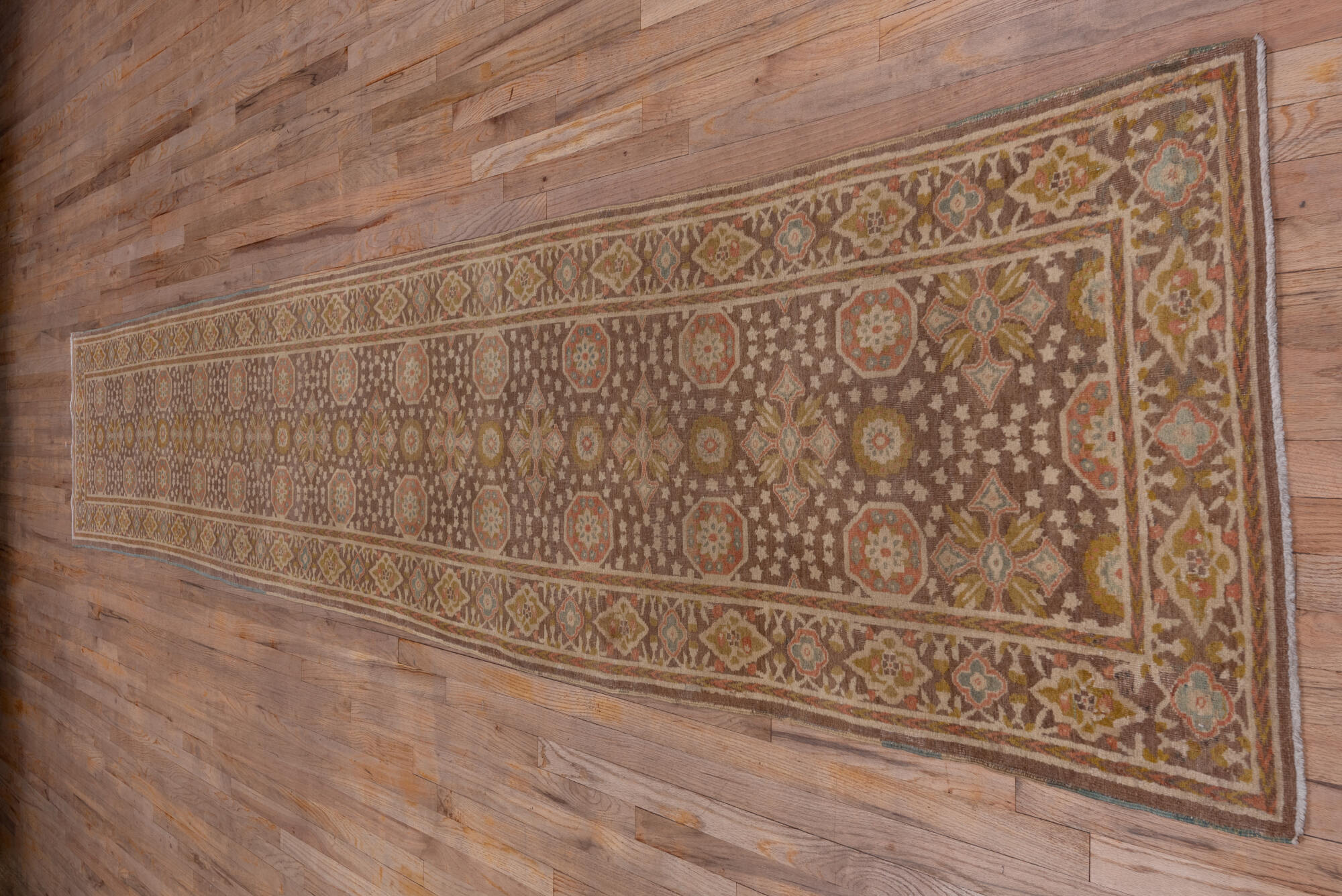 2' x 15' one-of-a-kind handmade vintage Tabriz runner rug. Color palette: brown, off-white, pink, snow, white, whitesmoke