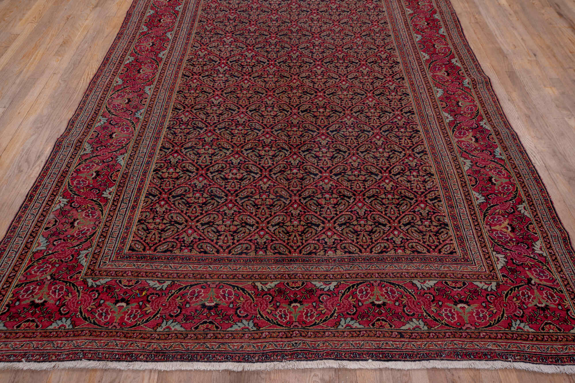 7' x 20' one-of-a-kind handmade vintage Khorassan rug. Color palette: brown, gray, pink, red, redwood