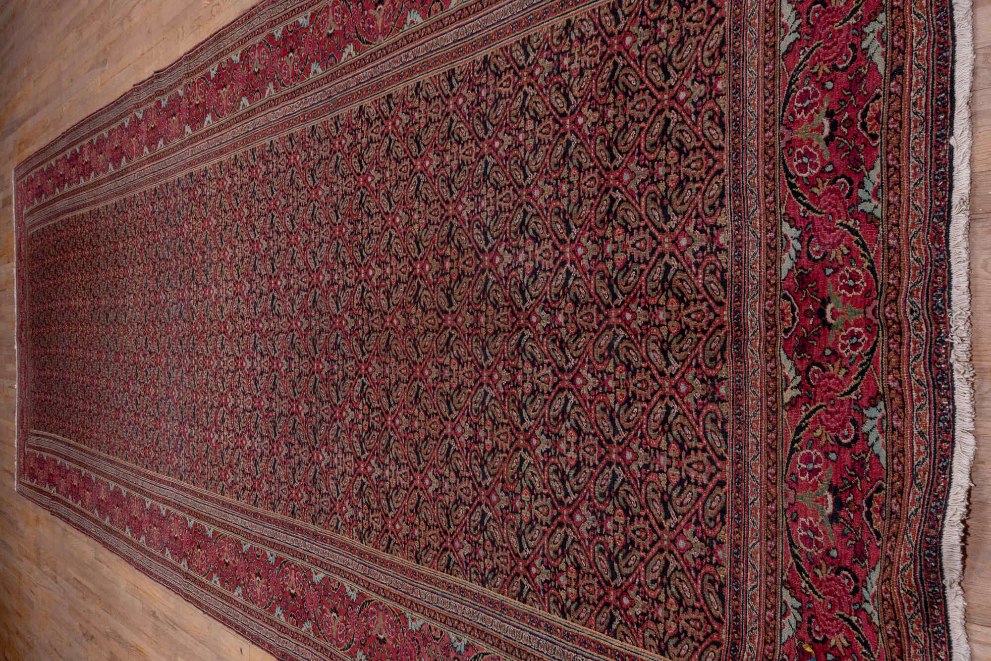 7' x 20' one-of-a-kind handmade vintage Khorassan rug. Color palette: brown, gray, pink, red, redwood