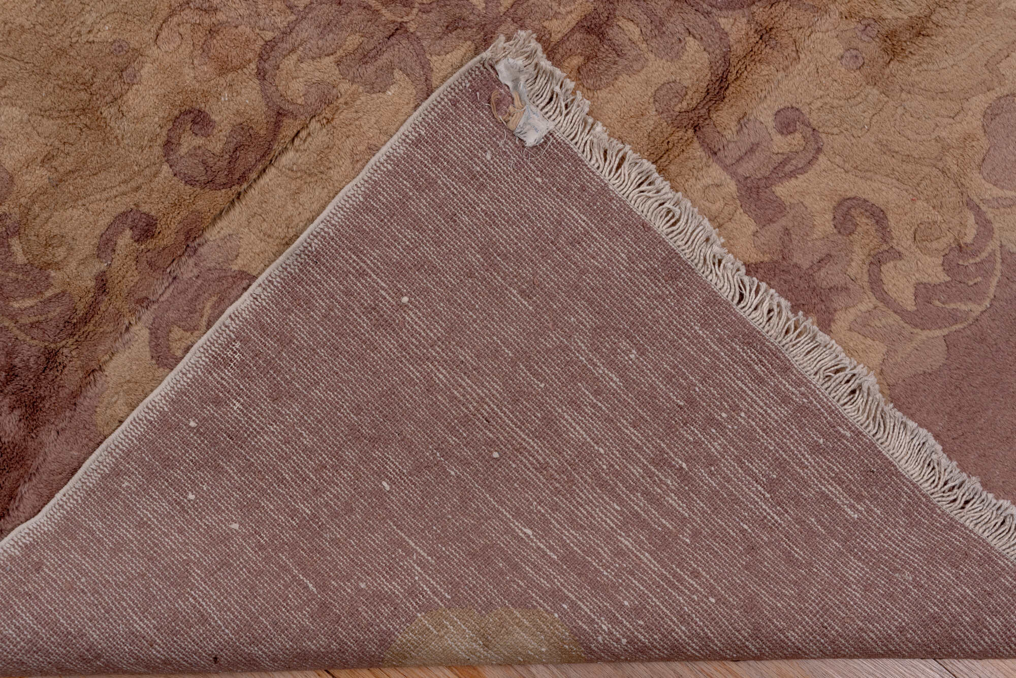 12' x 20' one-of-a-kind handmade vintage Chinese oversize rug. Color palette: brown, gray, light gray, off-white, pink, red