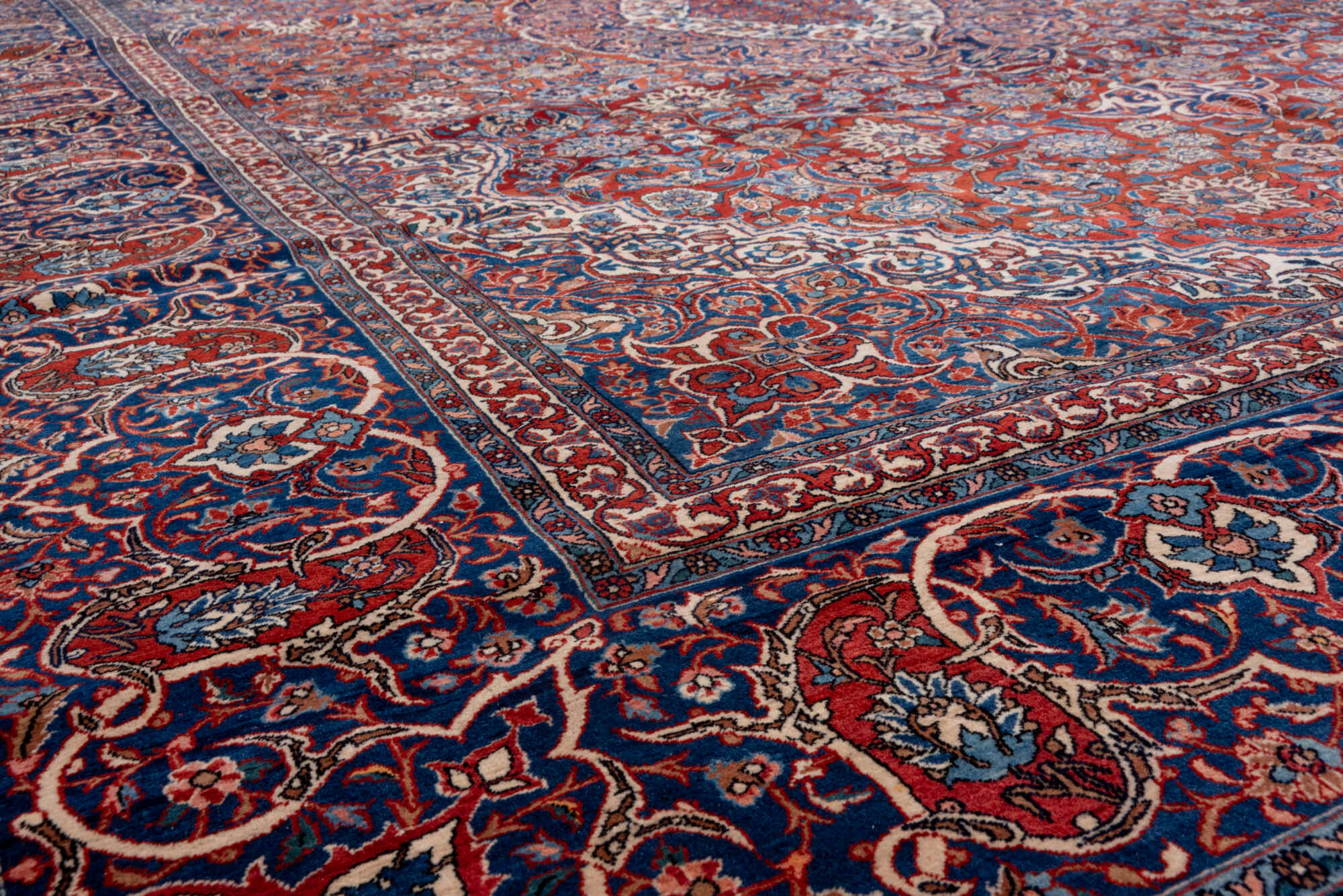 10' x 13' one-of-a-kind handmade vintage Isfahan large size rug. Color palette: blue, brown, gray, light gray