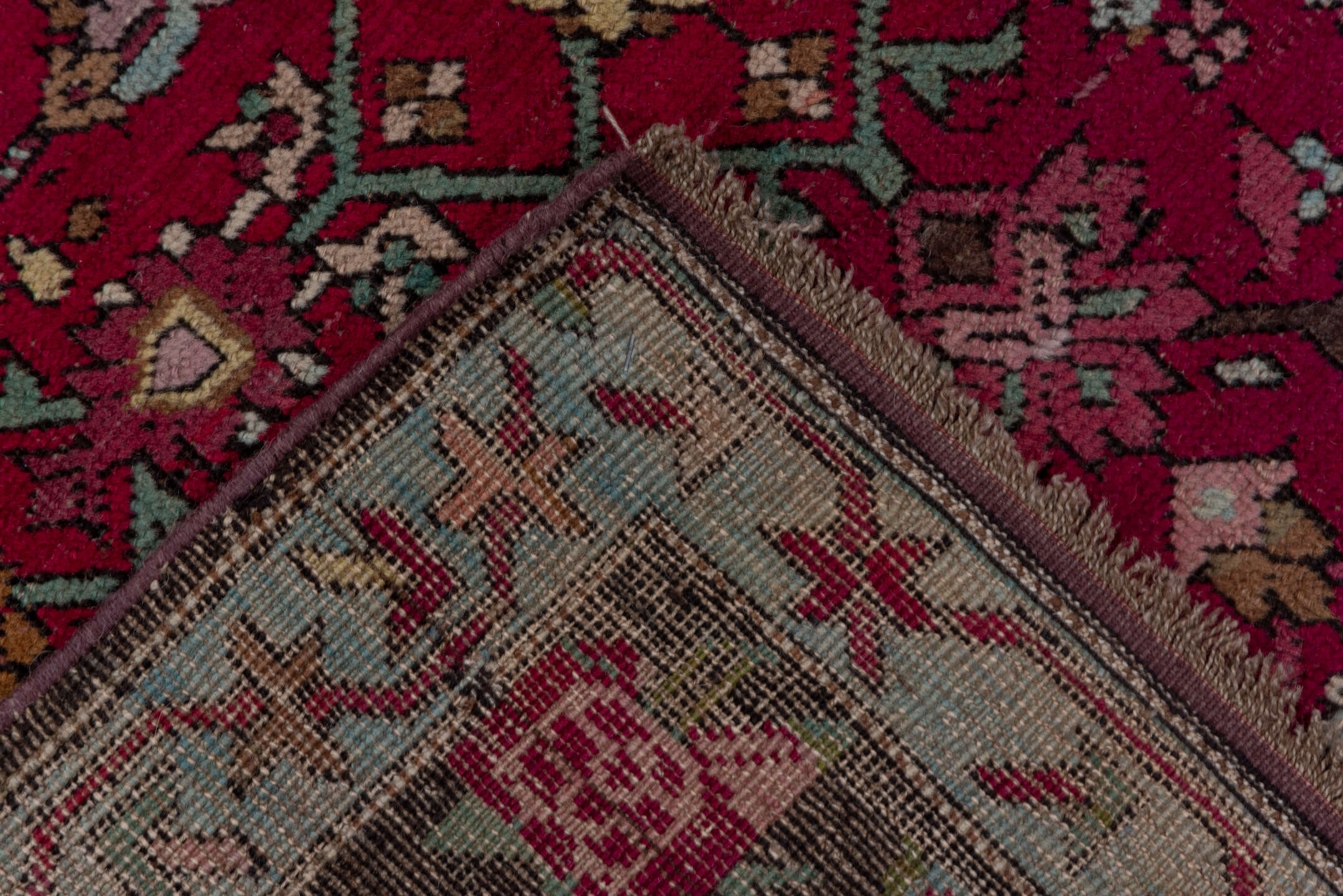 4' x 19' one-of-a-kind handmade vintage Karabagh runner rug. Color palette: gray, pink, brown, red