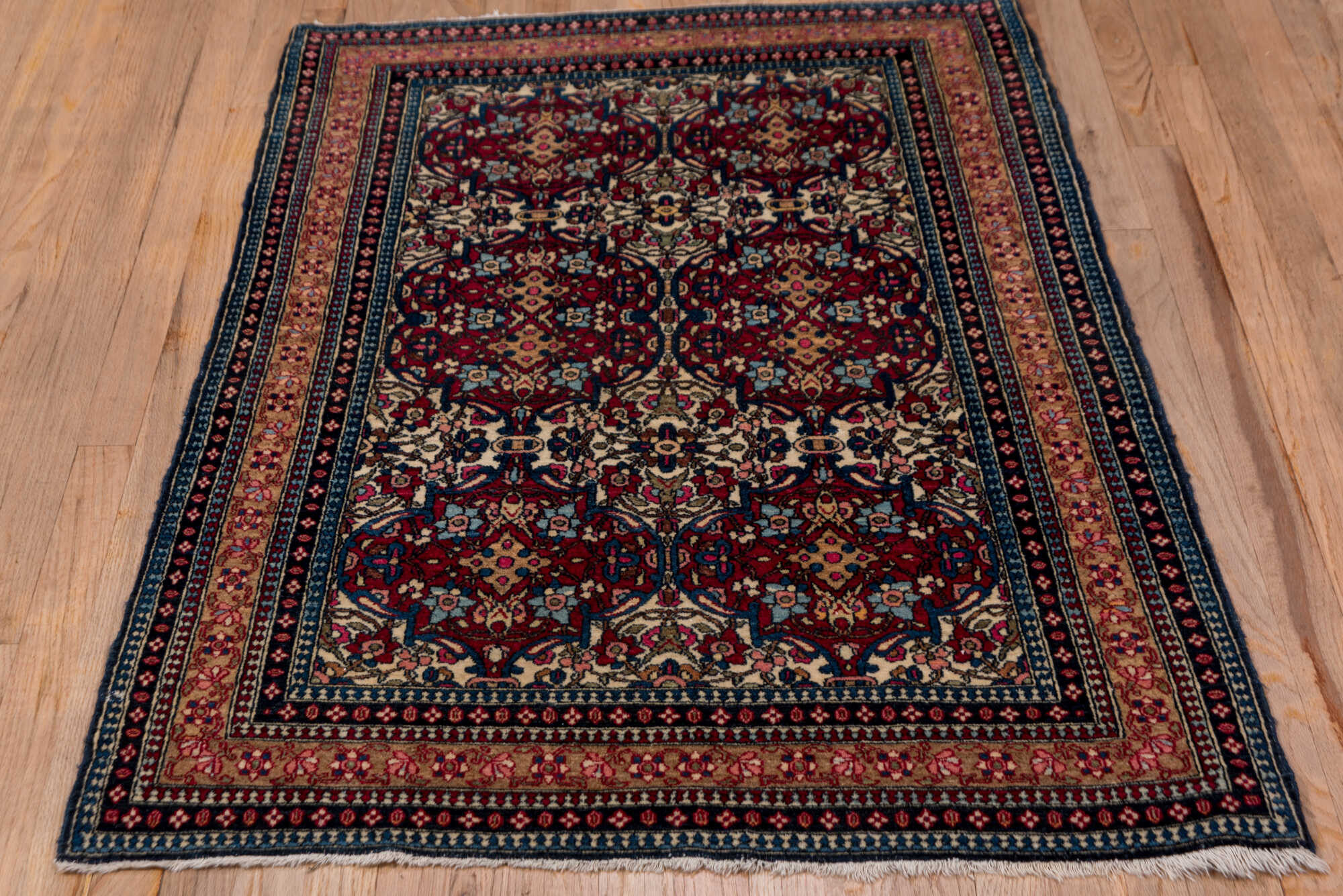 3' x 4' one-of-a-kind handmade vintage Isfahan small size rug. Color palette: black, blue, brown, charcoal, dim gray, gray