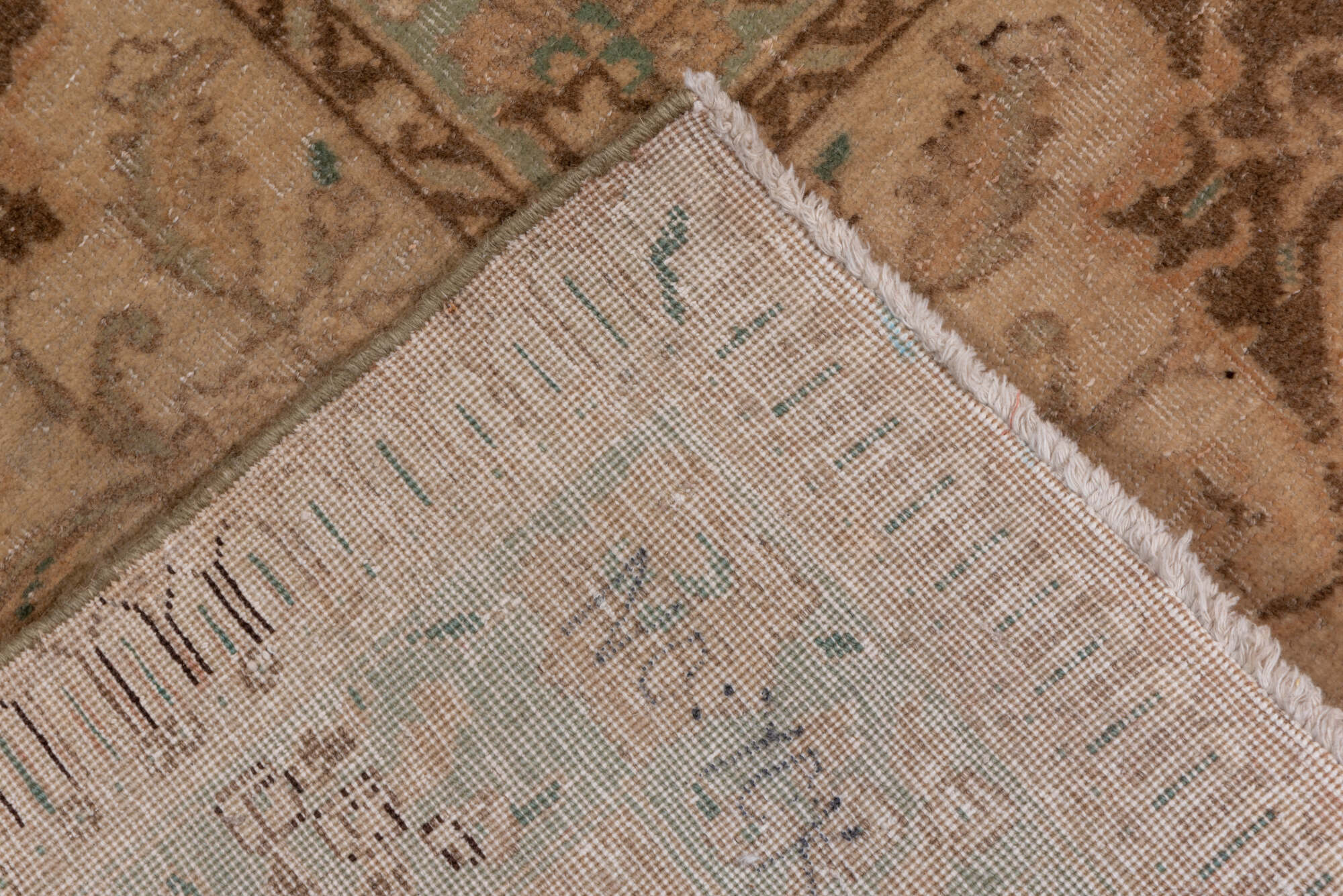 11' x 12' one-of-a-kind handmade vintage Sivas rug. Color palette: brown, gray, light gray, off-white, orange, pink, snow