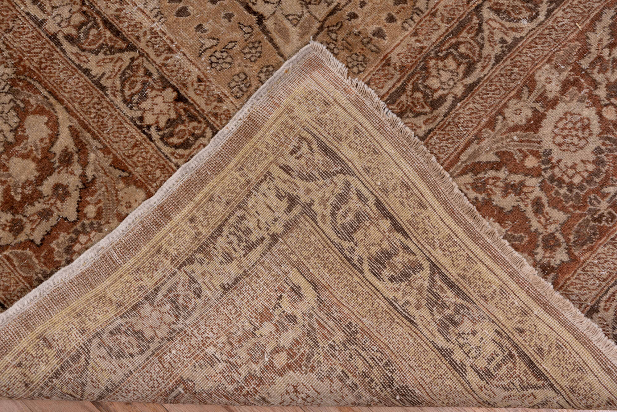 9' x 12' one-of-a-kind handmade vintage Tabriz large size rug. Color palette: brown, pink