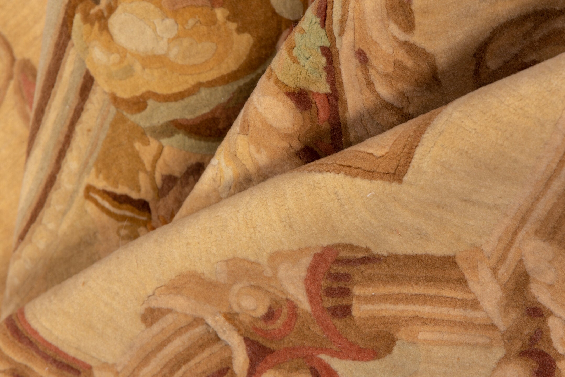 4' x 7' one-of-a-kind handmade vintage European rug. Color palette: brown, orange, off-white, red, white, snow, whitesmoke