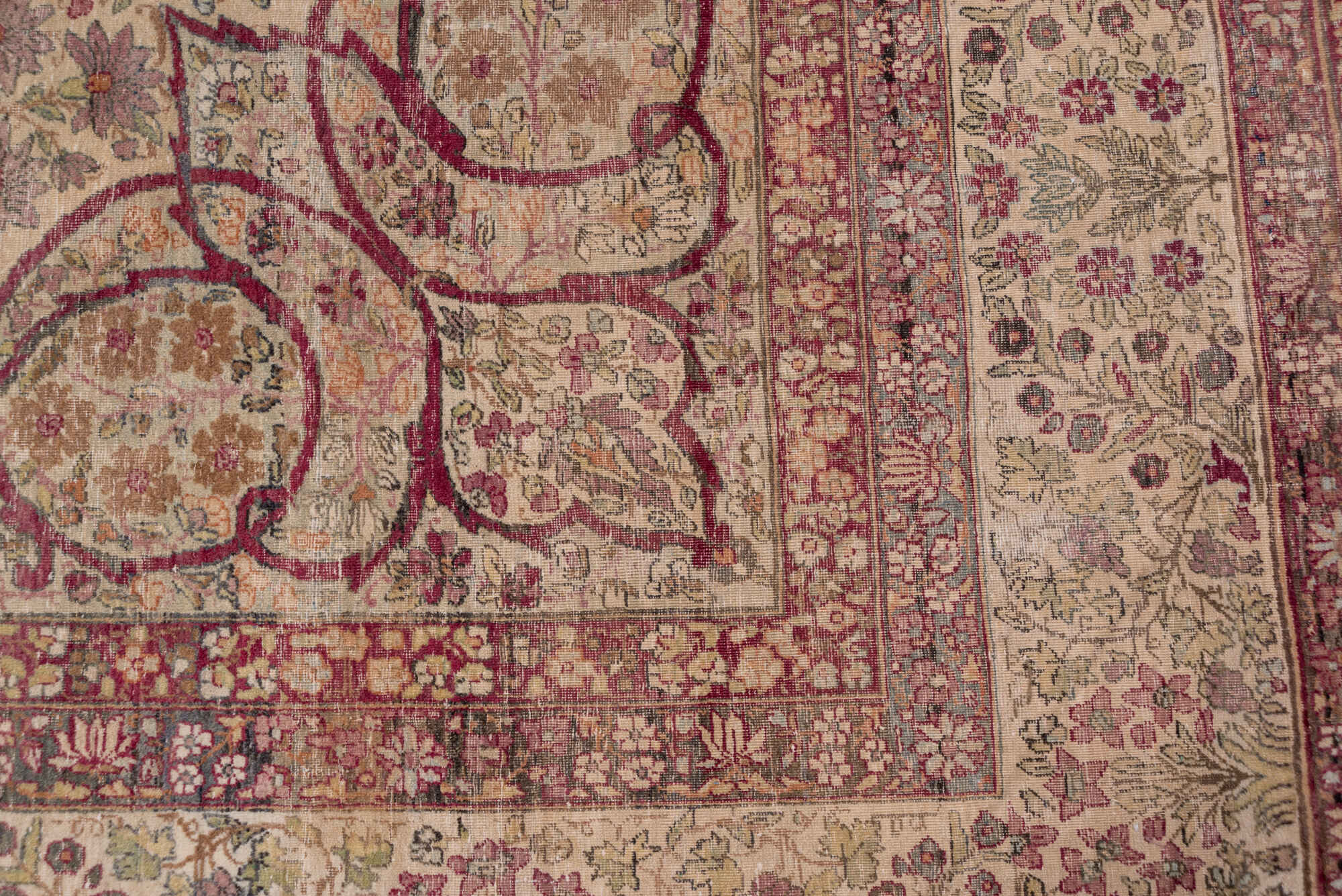 10' x 14' one-of-a-kind handmade vintage Lavar large size rug. Color palette: brown, gray, off-white, orange, pink, red