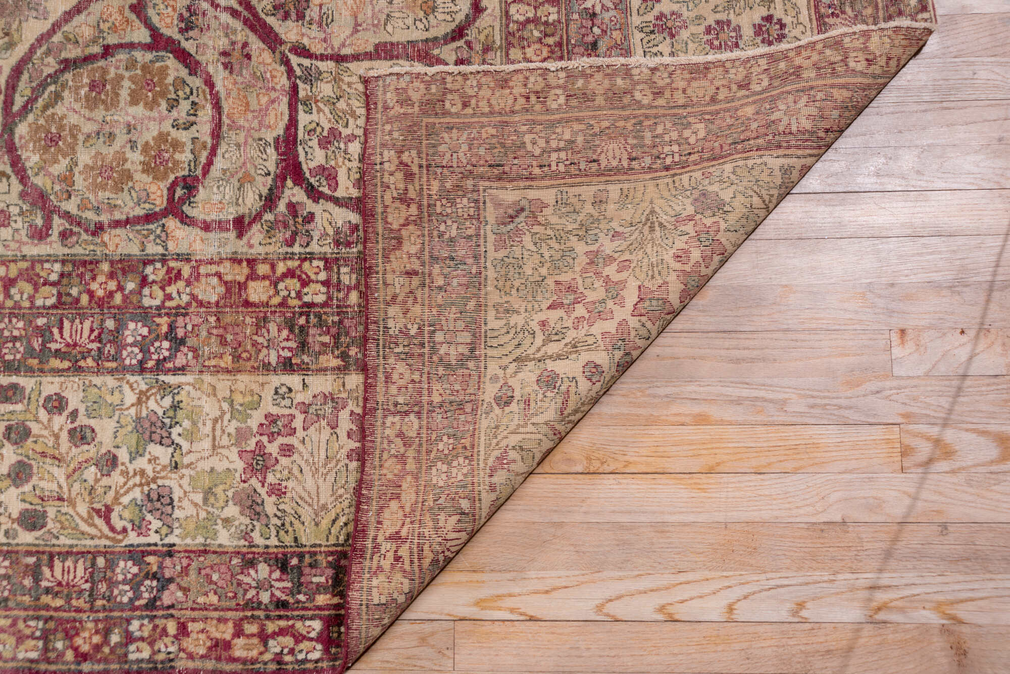 10' x 14' one-of-a-kind handmade vintage Lavar large size rug. Color palette: brown, gray, off-white, orange, pink, red