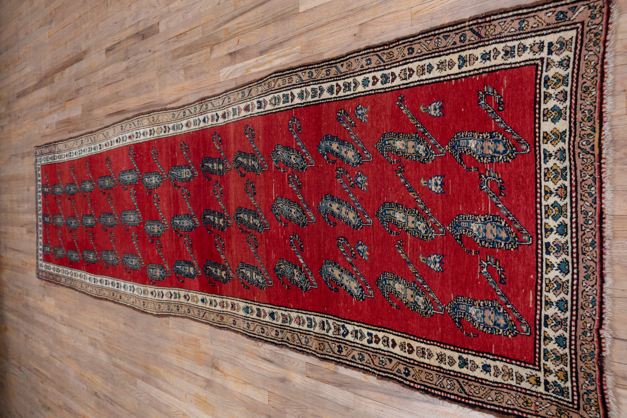 3' x 14' one-of-a-kind handmade vintage Malayer runner rug. Color palette: blue, brown, gray, pink, red