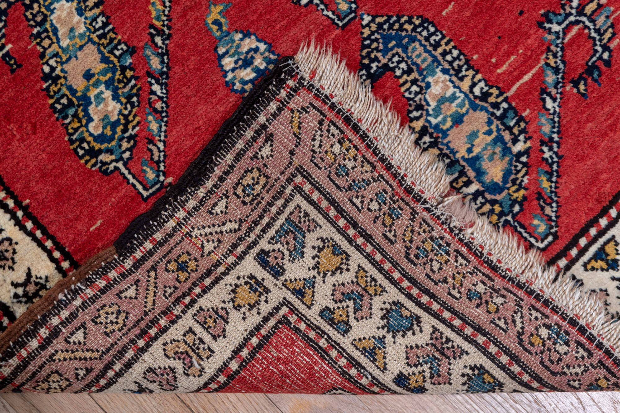 3' x 14' one-of-a-kind handmade vintage Malayer runner rug. Color palette: blue, brown, gray, pink, red
