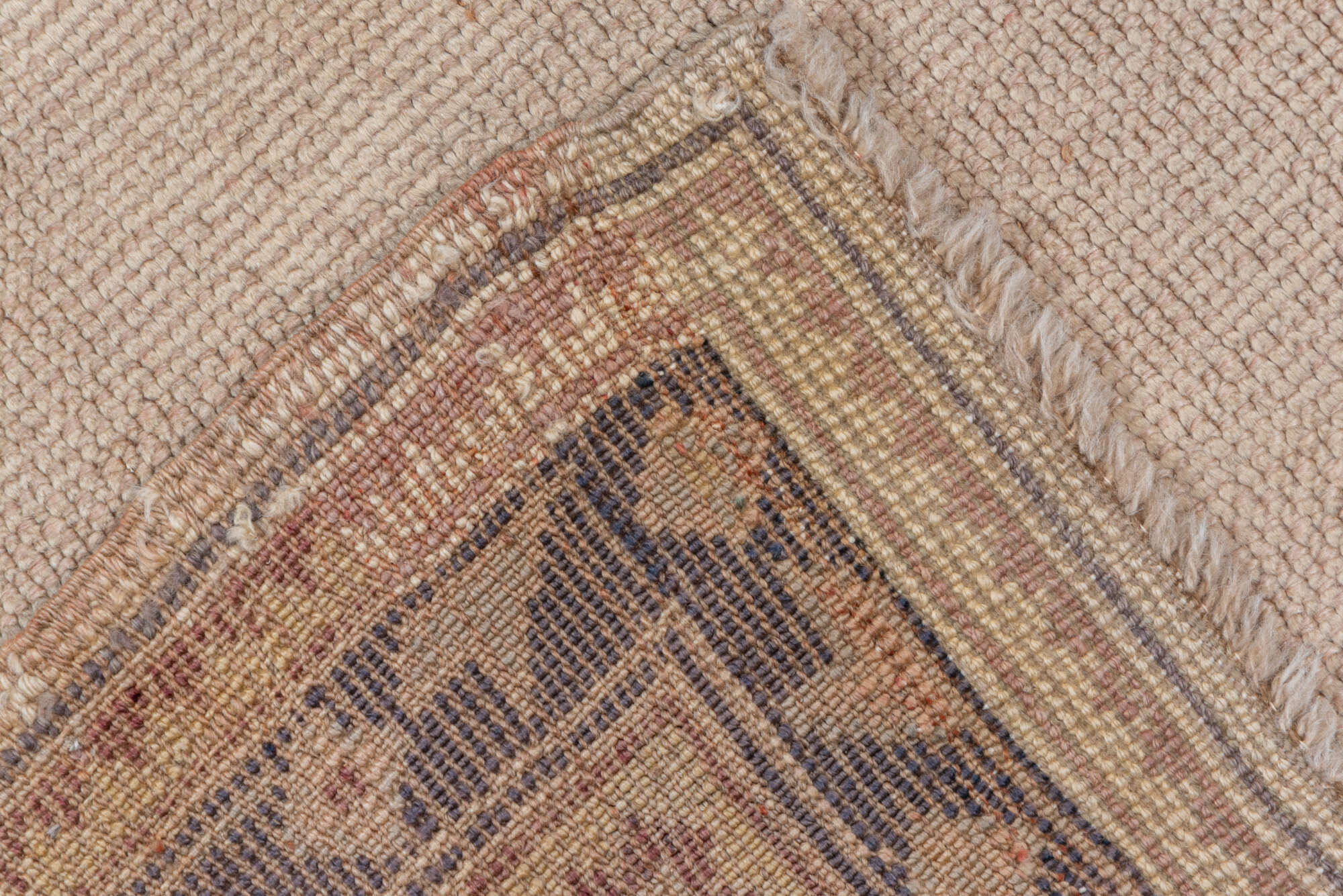 6' x 15' one-of-a-kind handmade vintage Oushak rug. Color palette: brown, gray, light gray, off-white, orange, pink, snow