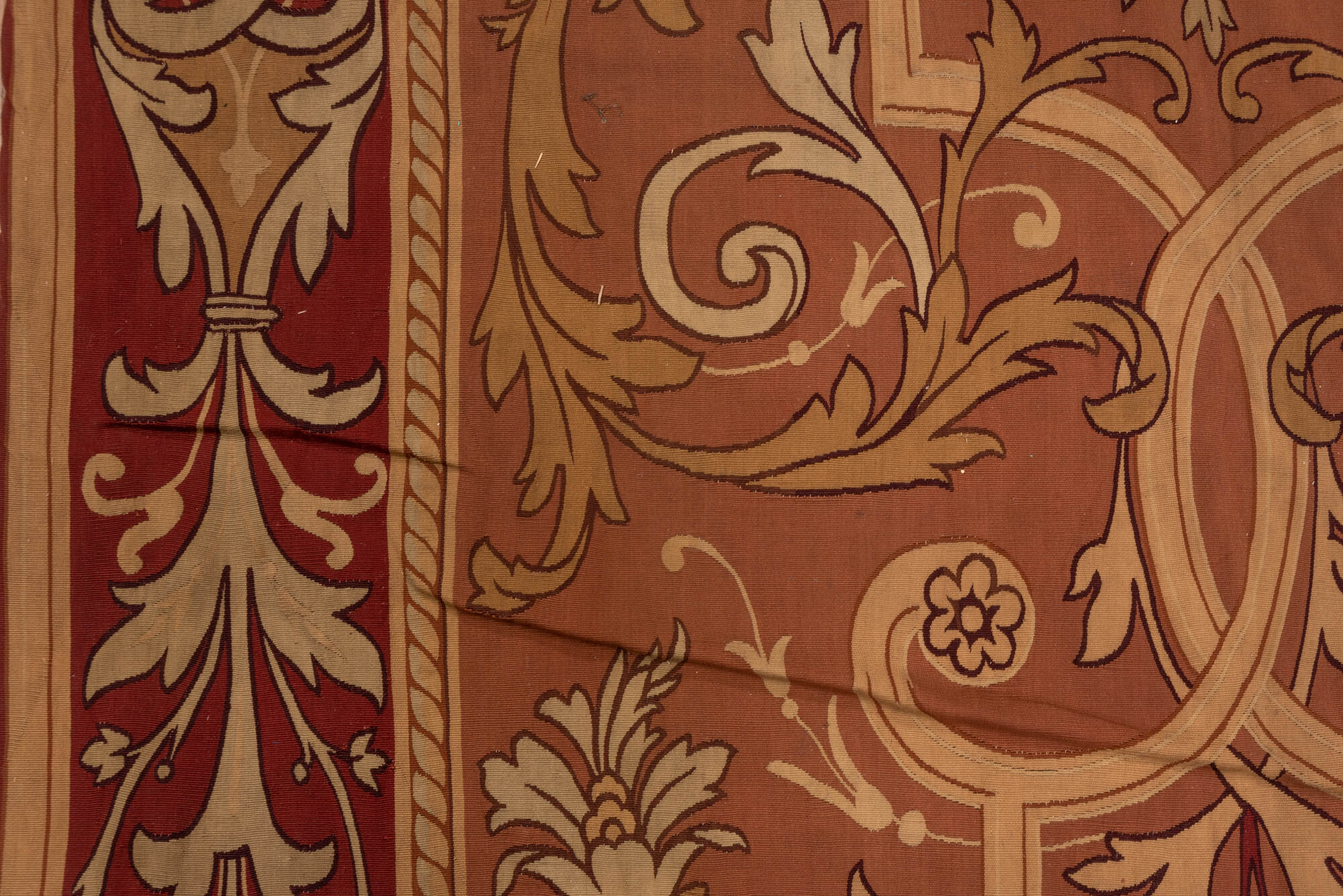 5' x 10' one-of-a-kind handmade vintage Aubusson runner rug. Color palette: brown, gray, pink, red