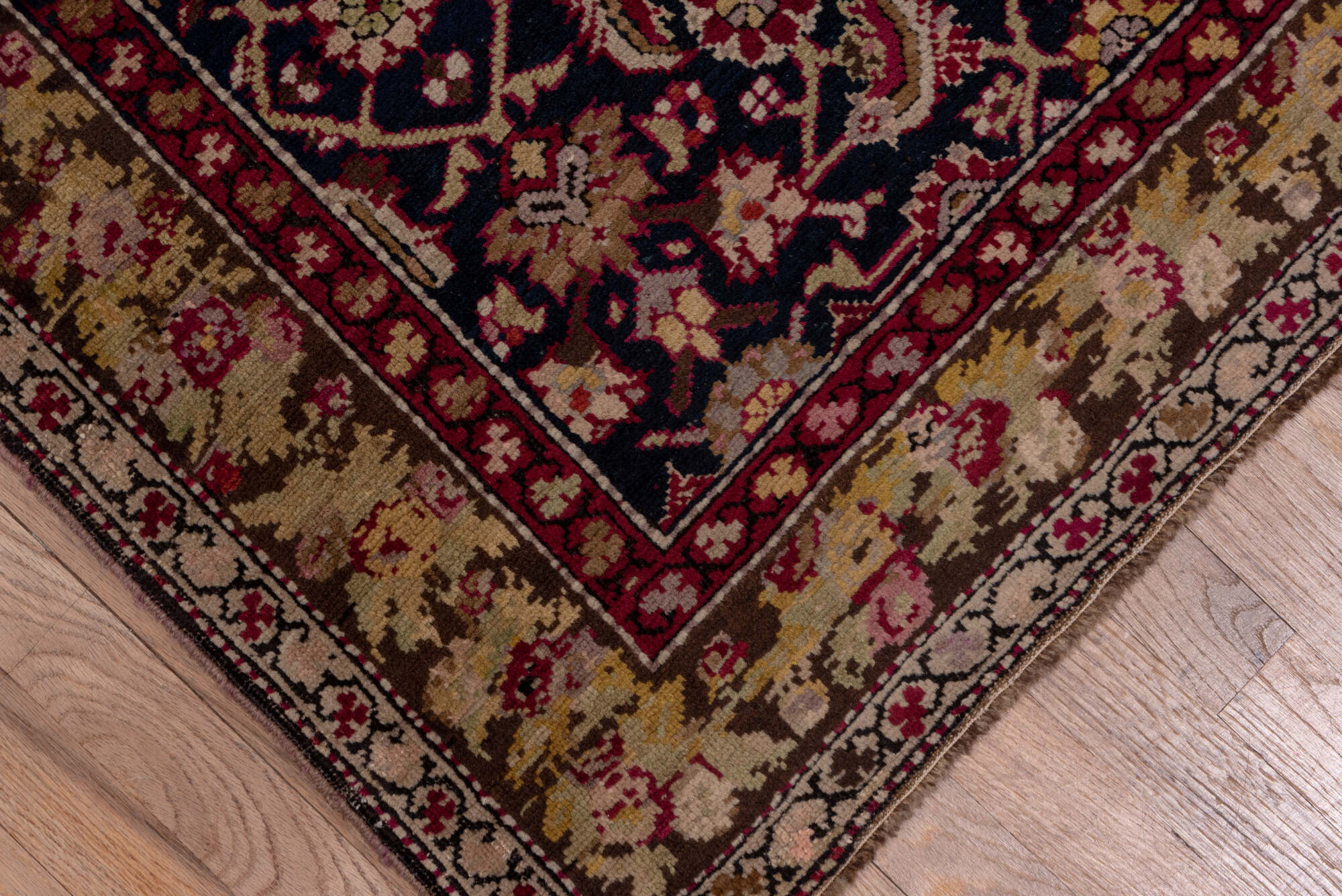 3' x 18' one-of-a-kind handmade vintage Karabagh runner rug. Color palette: black, brown, gray, off-white, pink, red, snow