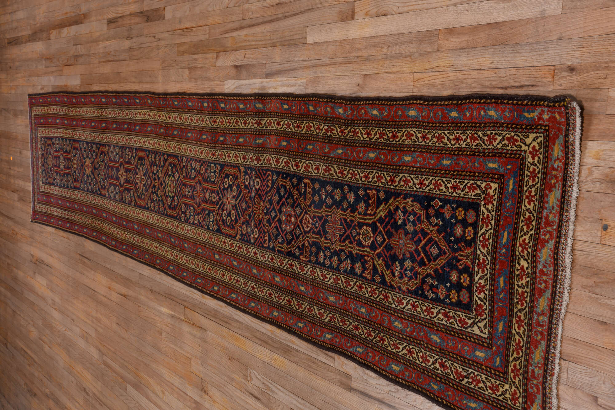 2' x 14' one-of-a-kind handmade vintage Malayer runner rug. Color palette: brown, gray, pink, red