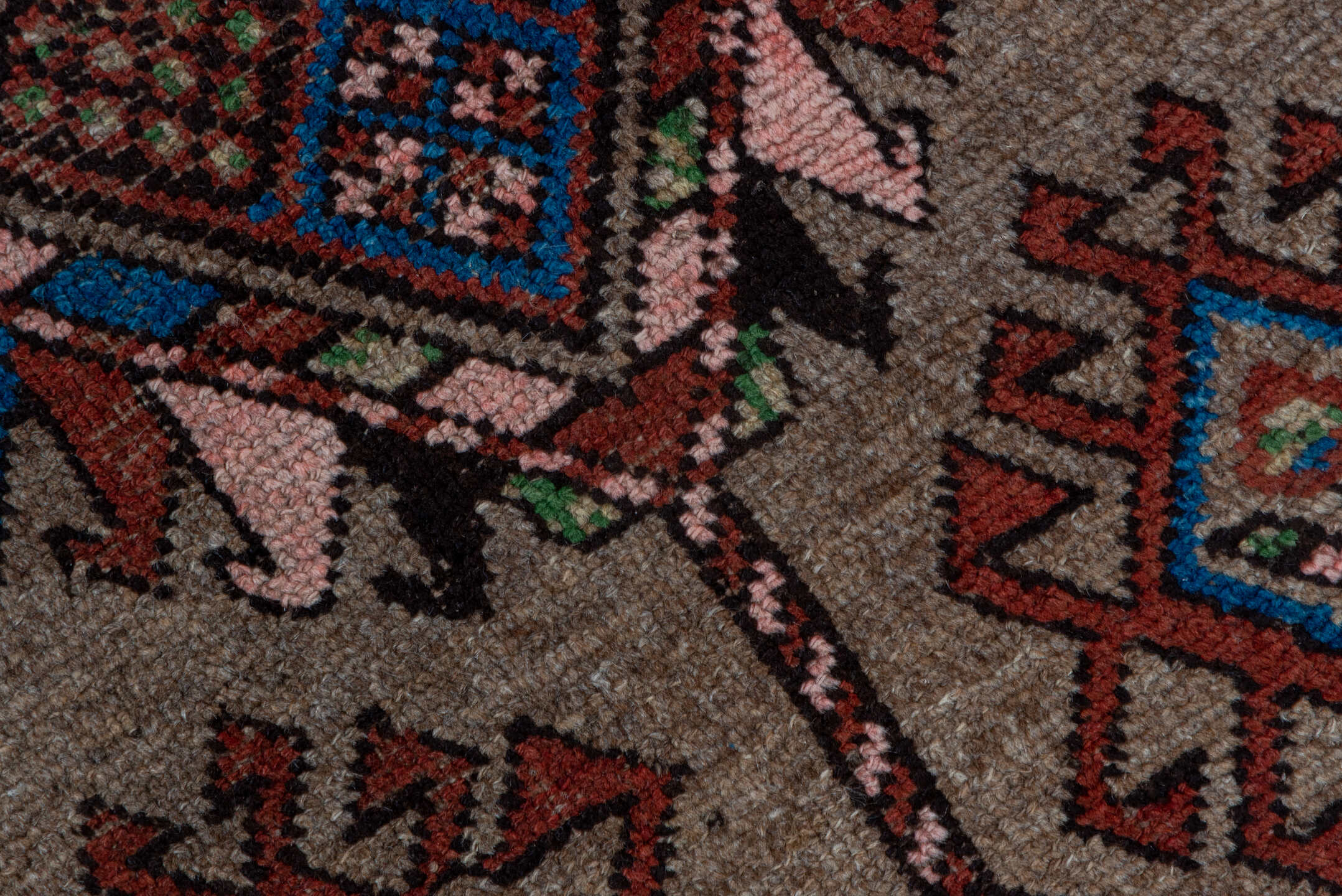 2' x 13' one-of-a-kind handmade vintage NW Persian runner rug. Color palette: pink, brown, gray, blue, red, off-white, fiord