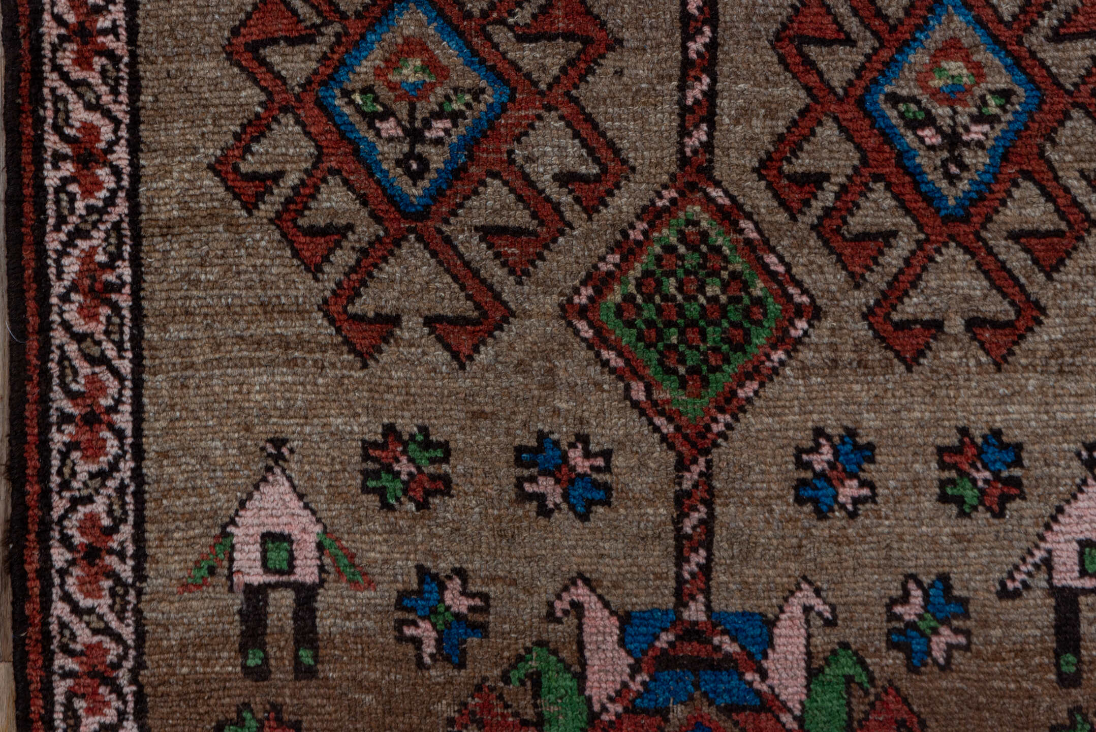 2' x 13' one-of-a-kind handmade vintage NW Persian runner rug. Color palette: pink, brown, gray, blue, red, off-white, fiord