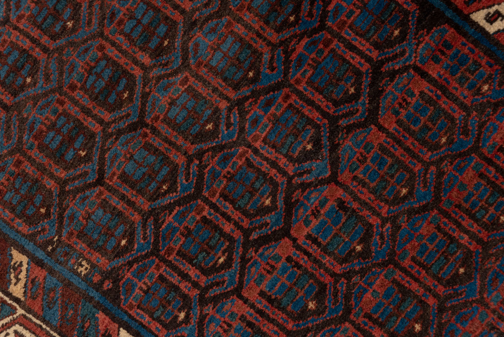 3' x 15' one-of-a-kind handmade vintage Sarab runner rug. Color palette: black, blue, brown, charcoal, gray, off-white, red