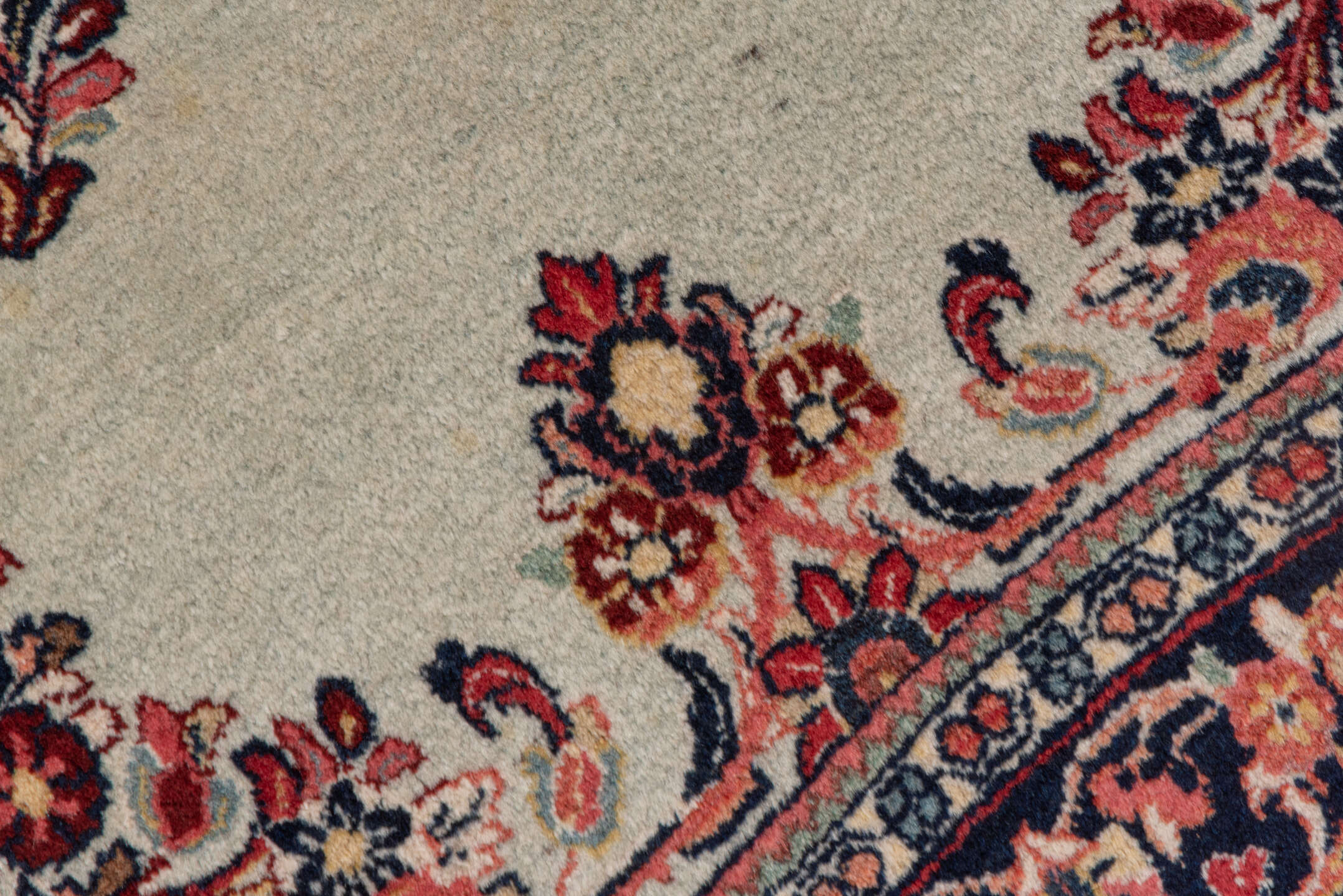 3' x 4' one-of-a-kind handmade vintage Sarouk small size rug. Color palette: gray, brown, red, pink, orange, off-white