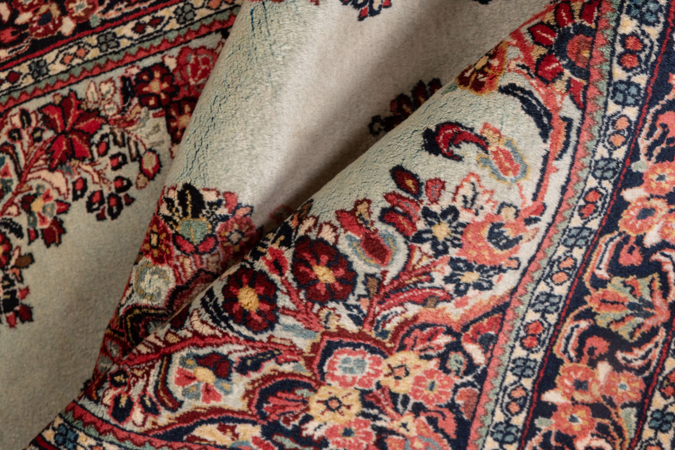 3' x 4' one-of-a-kind handmade vintage Sarouk small size rug. Color palette: gray, brown, red, pink, orange, off-white