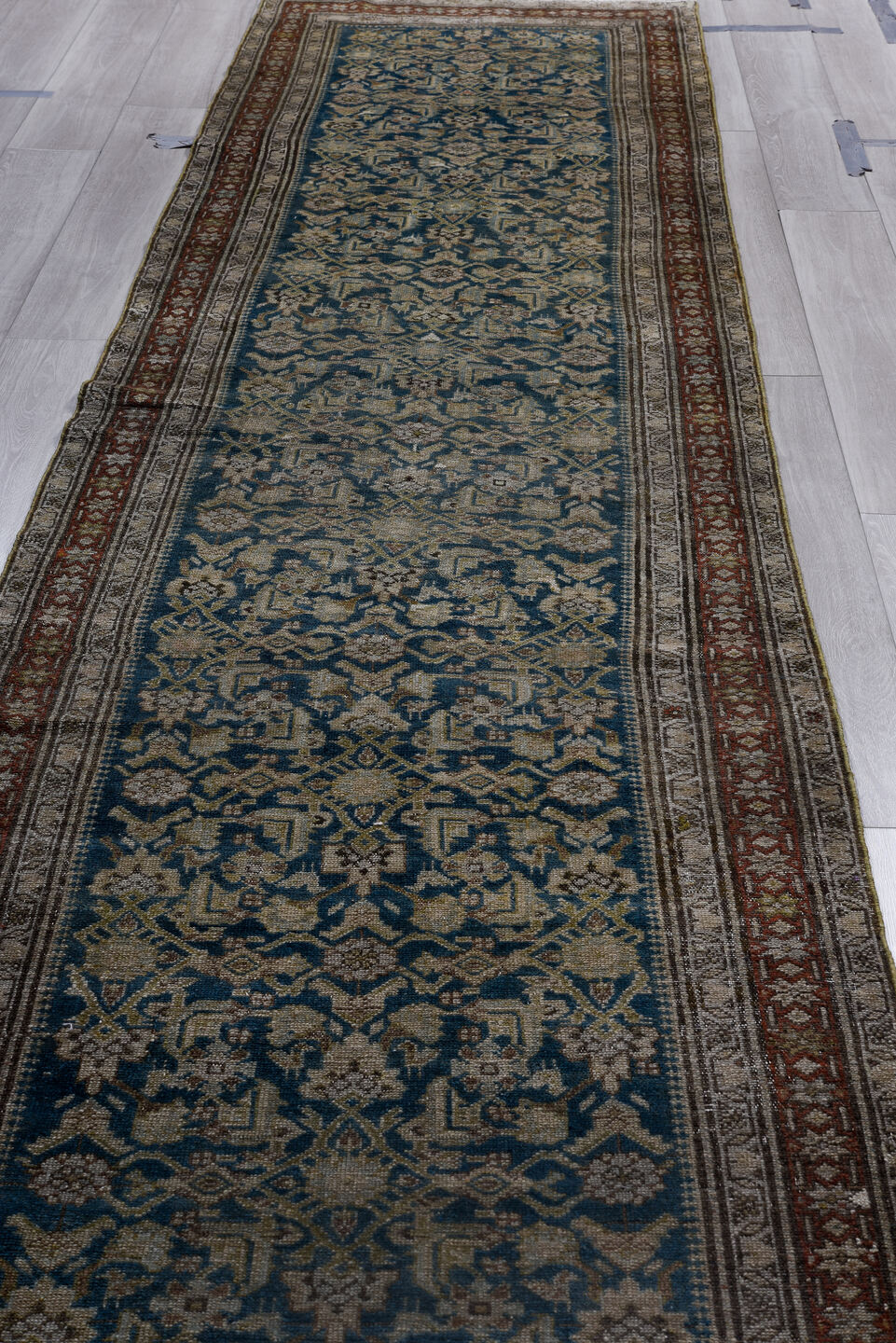 3' x 15' one-of-a-kind handmade vintage Malayer runner rug. Color palette: arapawa, black, blue, brown, dim gray, gray