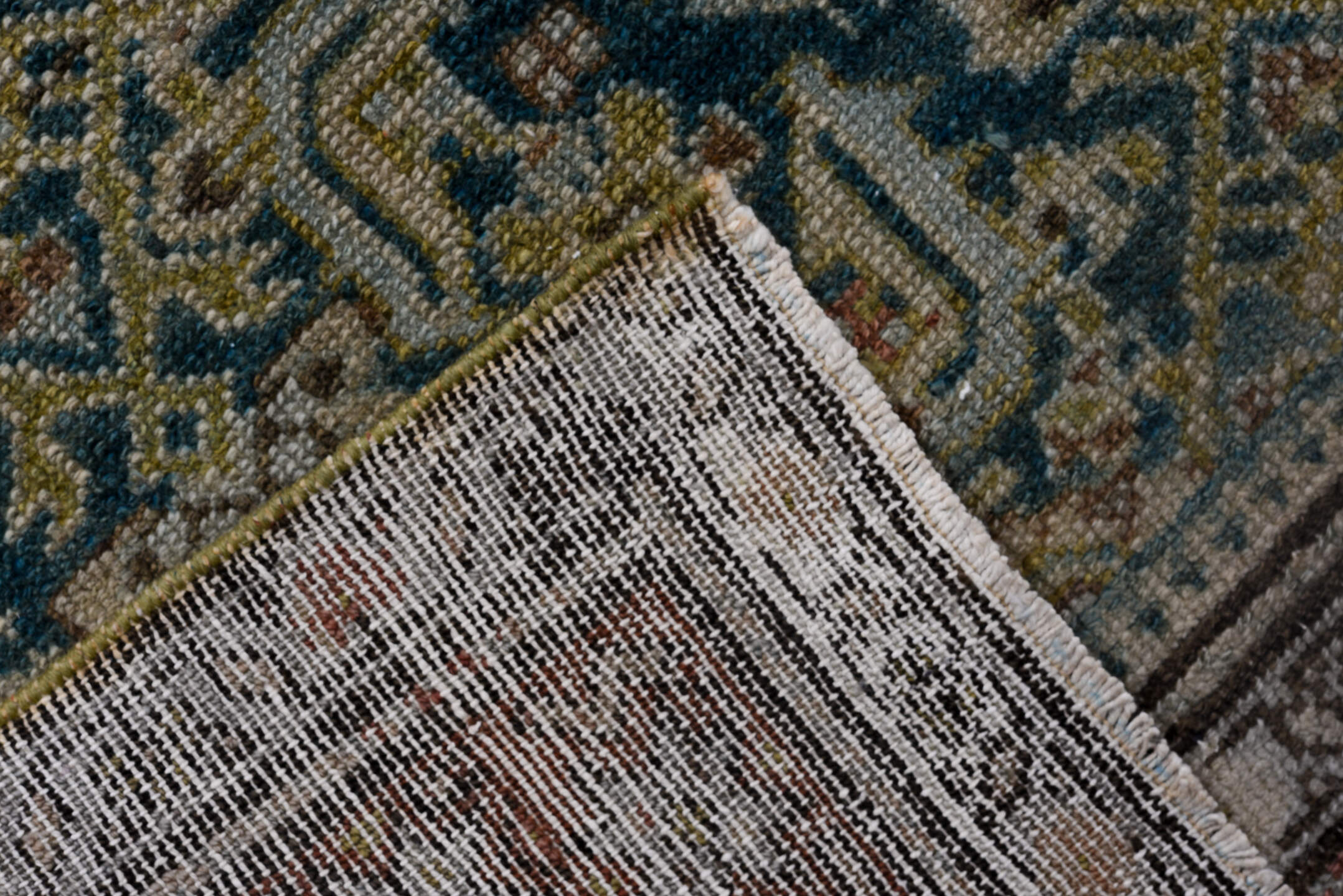 3' x 15' one-of-a-kind handmade vintage Malayer runner rug. Color palette: arapawa, black, blue, brown, dim gray, gray