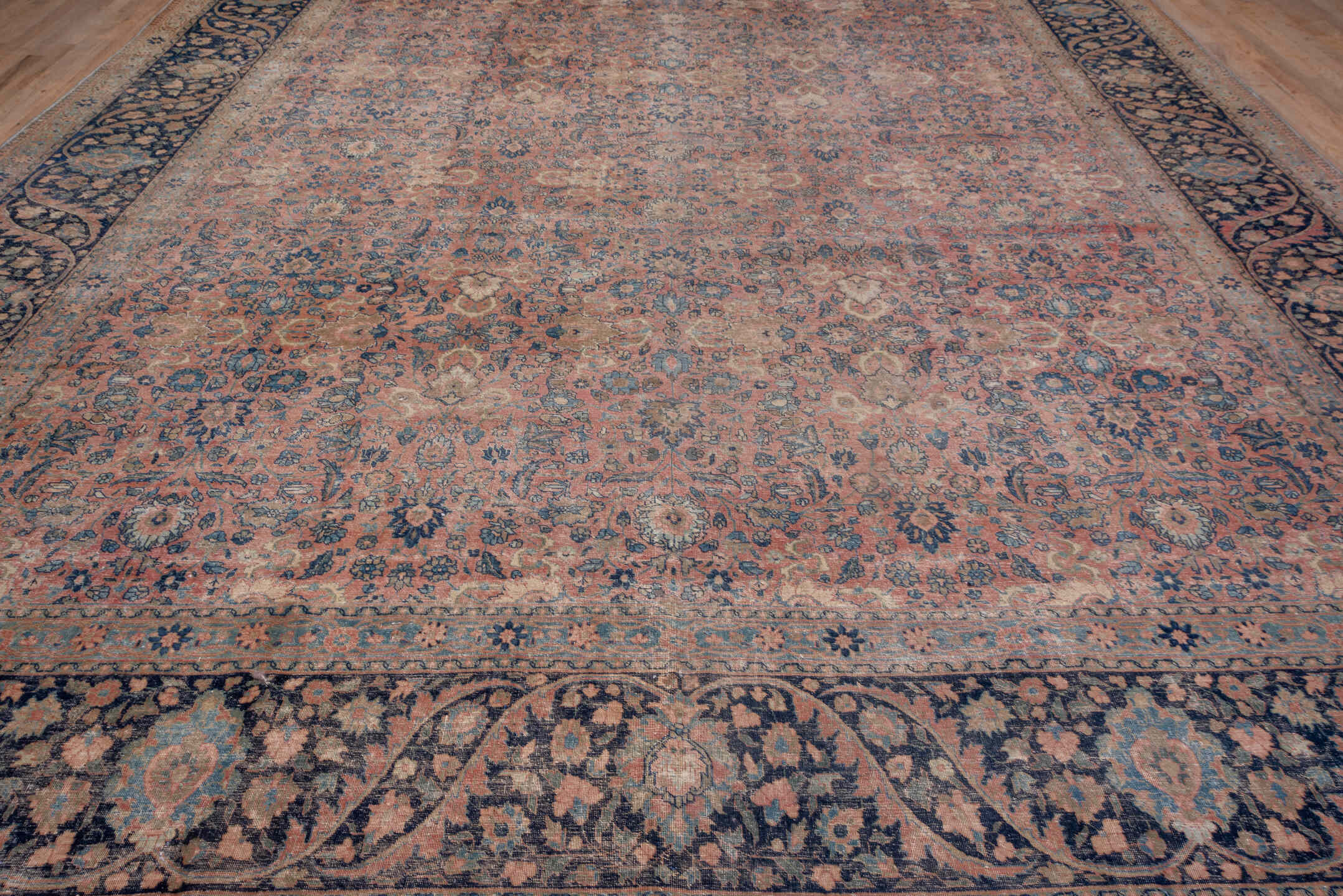 13' x 18' one-of-a-kind handmade vintage Tabriz oversize rug. Color palette: pink, brown, gray, blue, light gray, off-white
