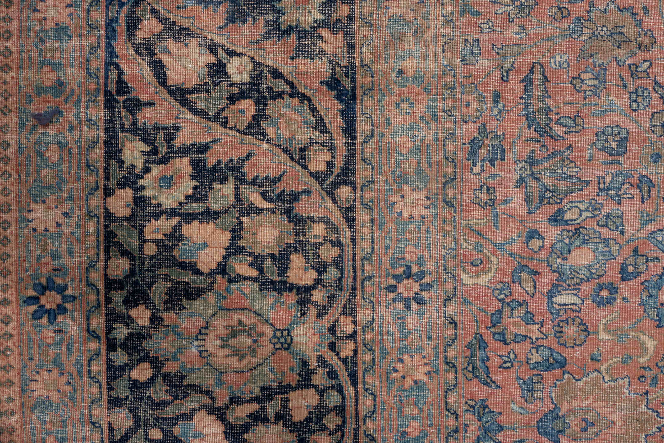 13' x 18' one-of-a-kind handmade vintage Tabriz oversize rug. Color palette: pink, brown, gray, blue, light gray, off-white