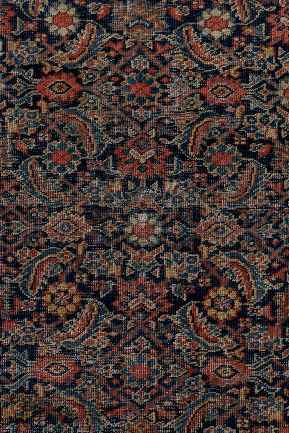 5' x 9' one-of-a-kind handmade vintage Farahan medium size rug. Color palette: gray, brown, red, black, pink, blue, redwood
