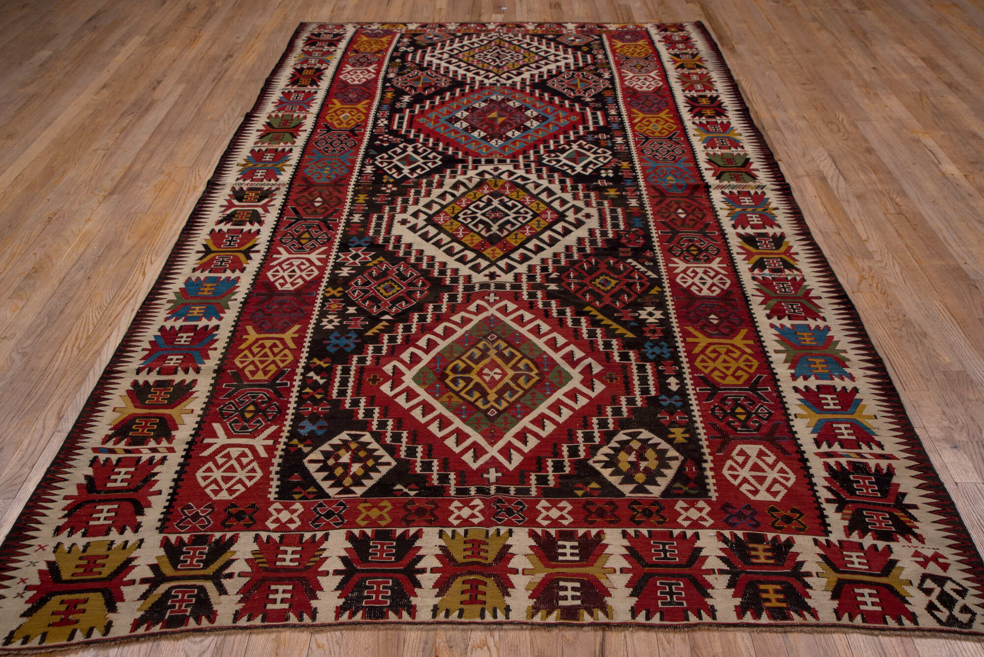 6' x 10' one-of-a-kind handmade vintage Kilim large size rug. Color palette: arapawa, blue, brown, gray, pink, red