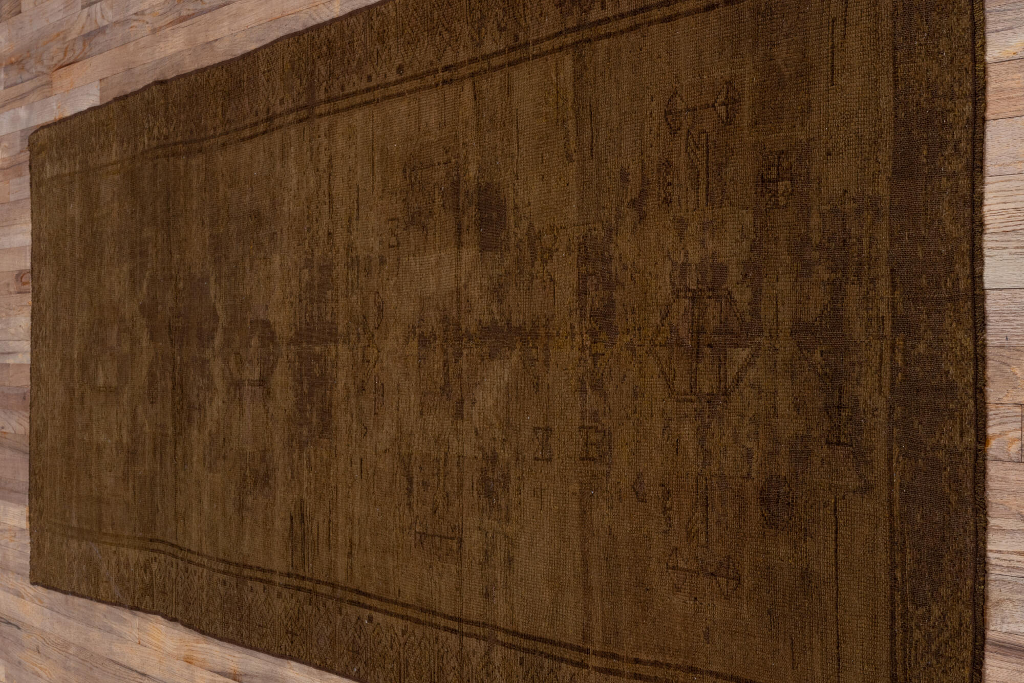 3' x 9' one-of-a-kind handmade vintage Overdyed runner rug. Color palette: brown, off-white, snow, white, whitesmoke