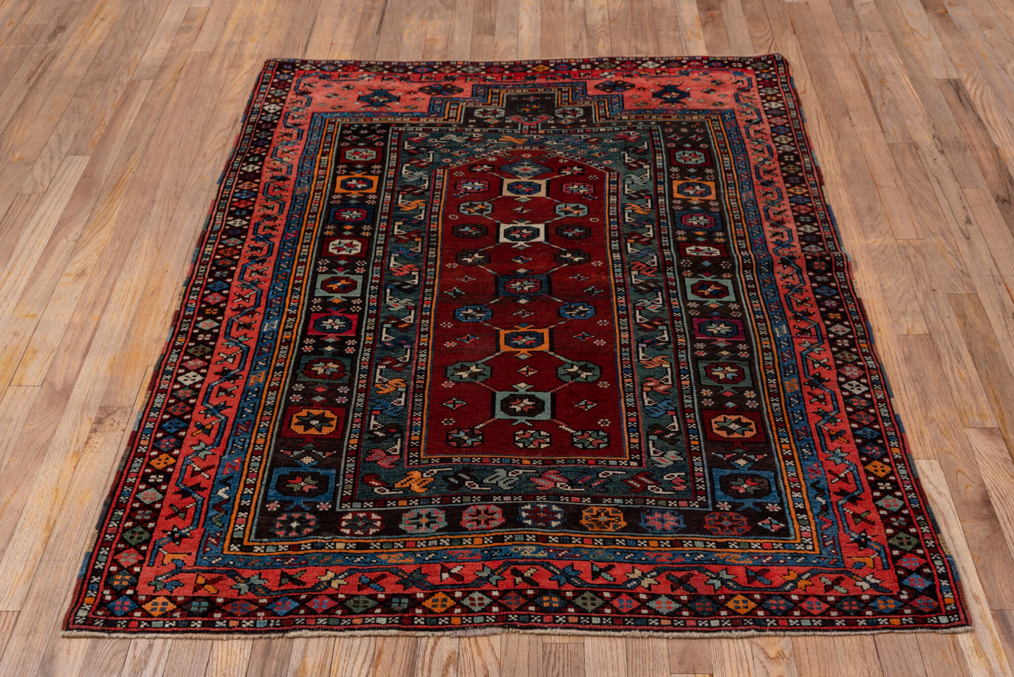 4' x 5' one-of-a-kind handmade vintage Shirvan small size rug. Color palette: black, blue, brown, dim gray, fiord