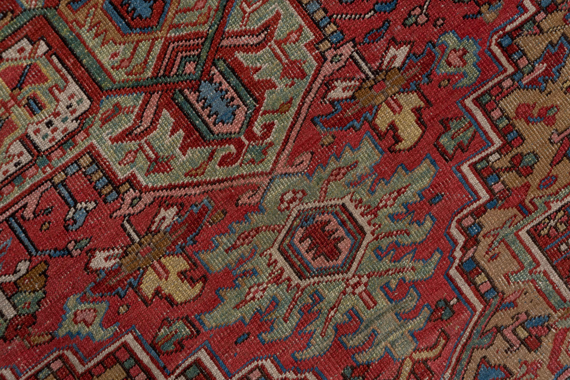 6' x 8' one-of-a-kind handmade vintage Heriz medium size rug. Color palette: blue, brown, gray, pink