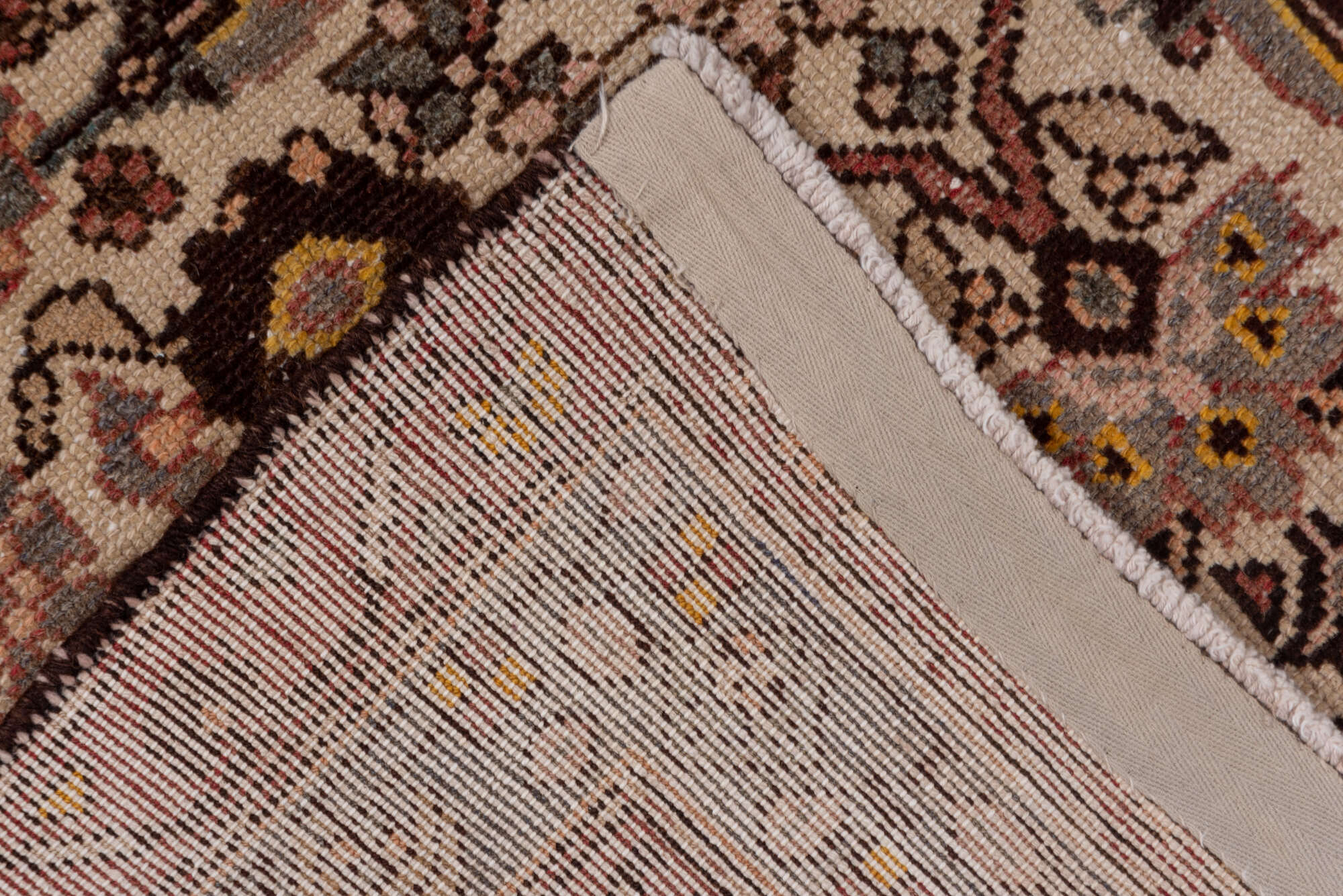 3' x 10' one-of-a-kind handmade vintage Malayer runner rug. Color palette: brown, gray, pink, redwood