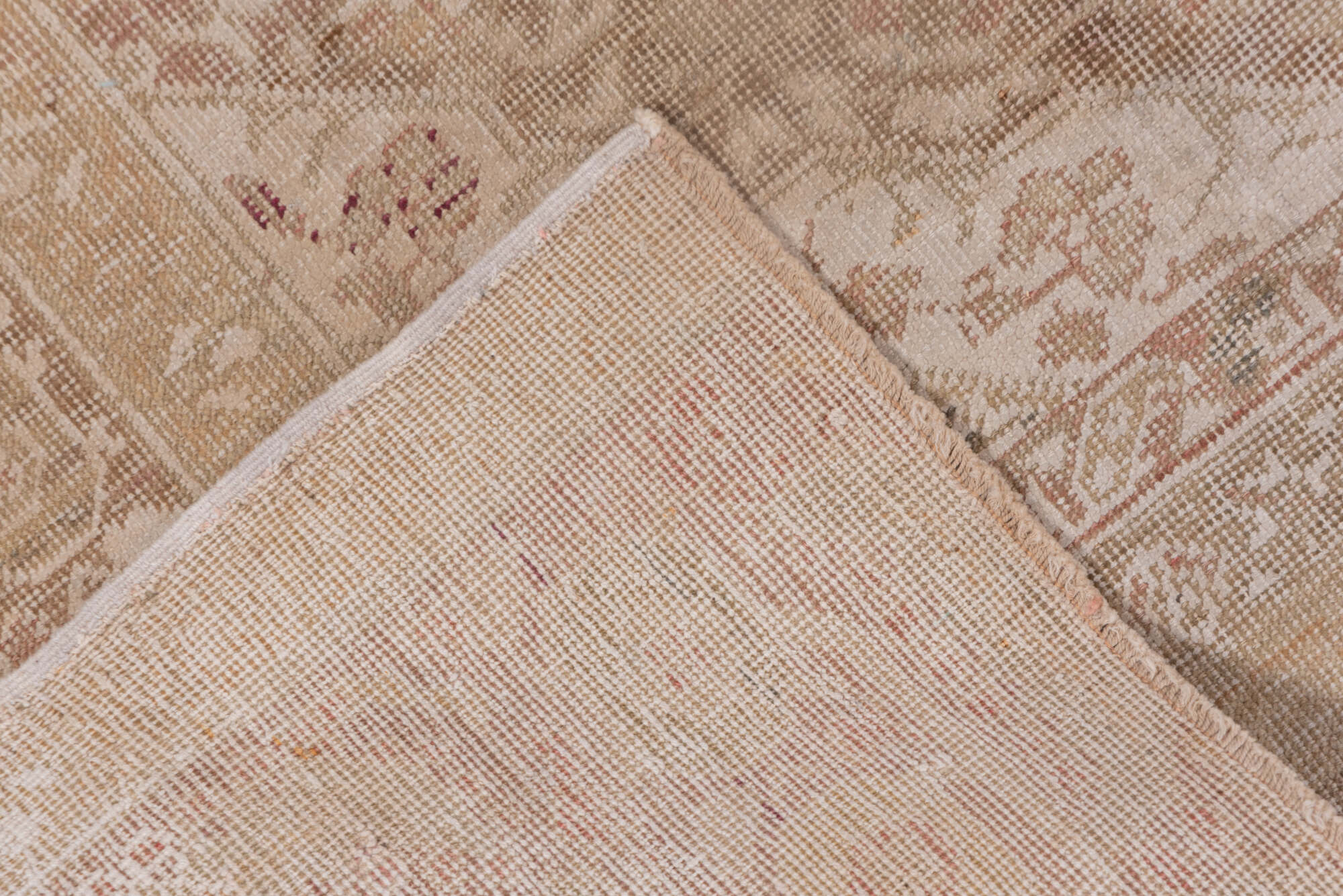 4' x 5' one-of-a-kind handmade vintage Kaisary small size rug. Color palette: brown, gray, light gray, off-white, pink, snow