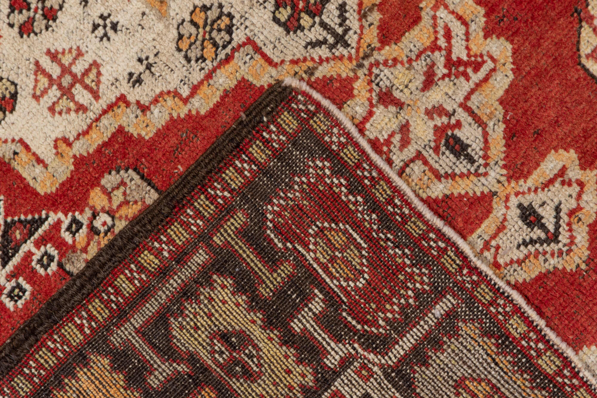 3' x 4' one-of-a-kind handmade vintage Oushak small size rug. Color palette: black, brown, maroon, off-white, orange, pink