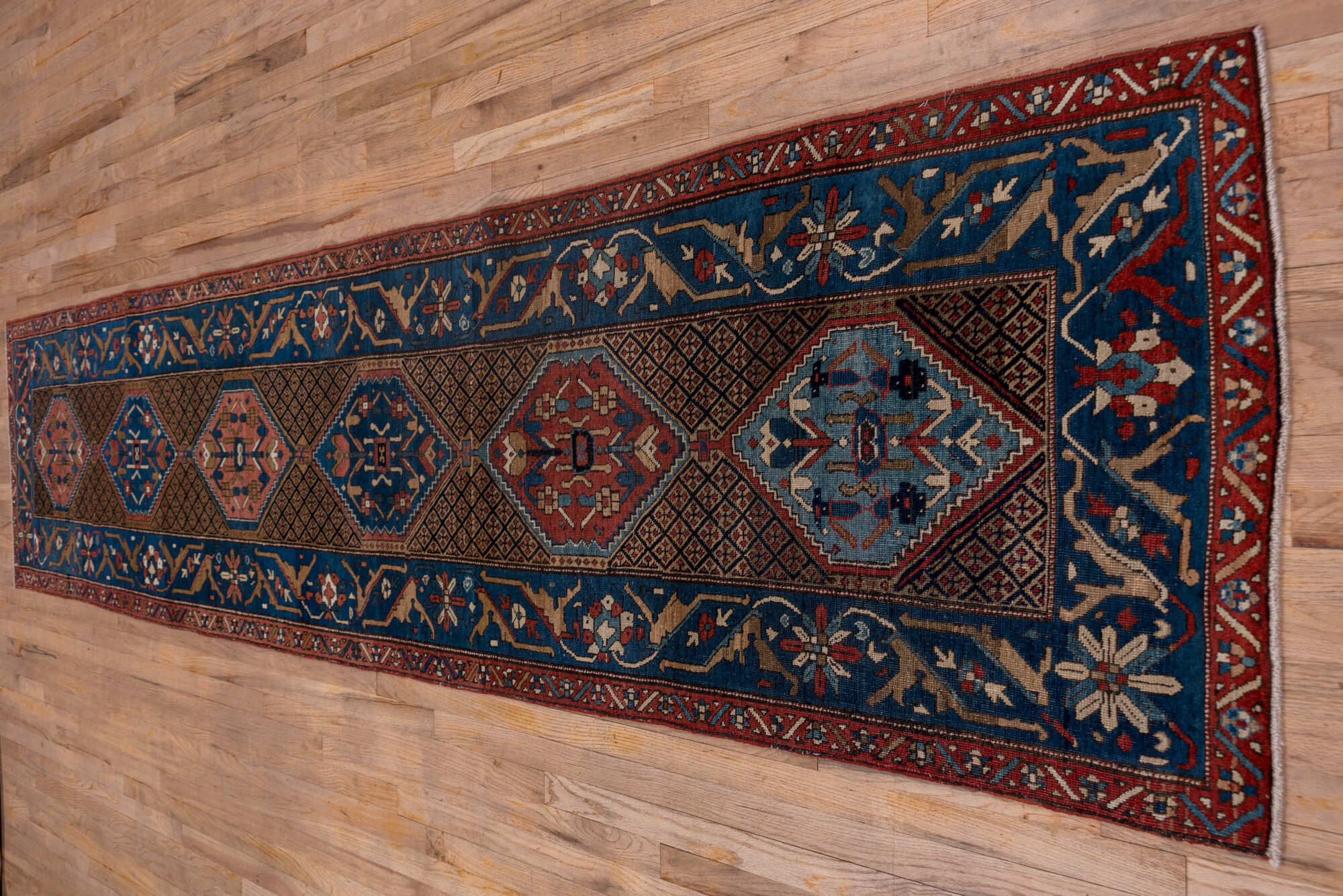2' x 13' one-of-a-kind handmade vintage Sarab runner rug. Color palette: black, blue, brown, gray, off-white, pink, red