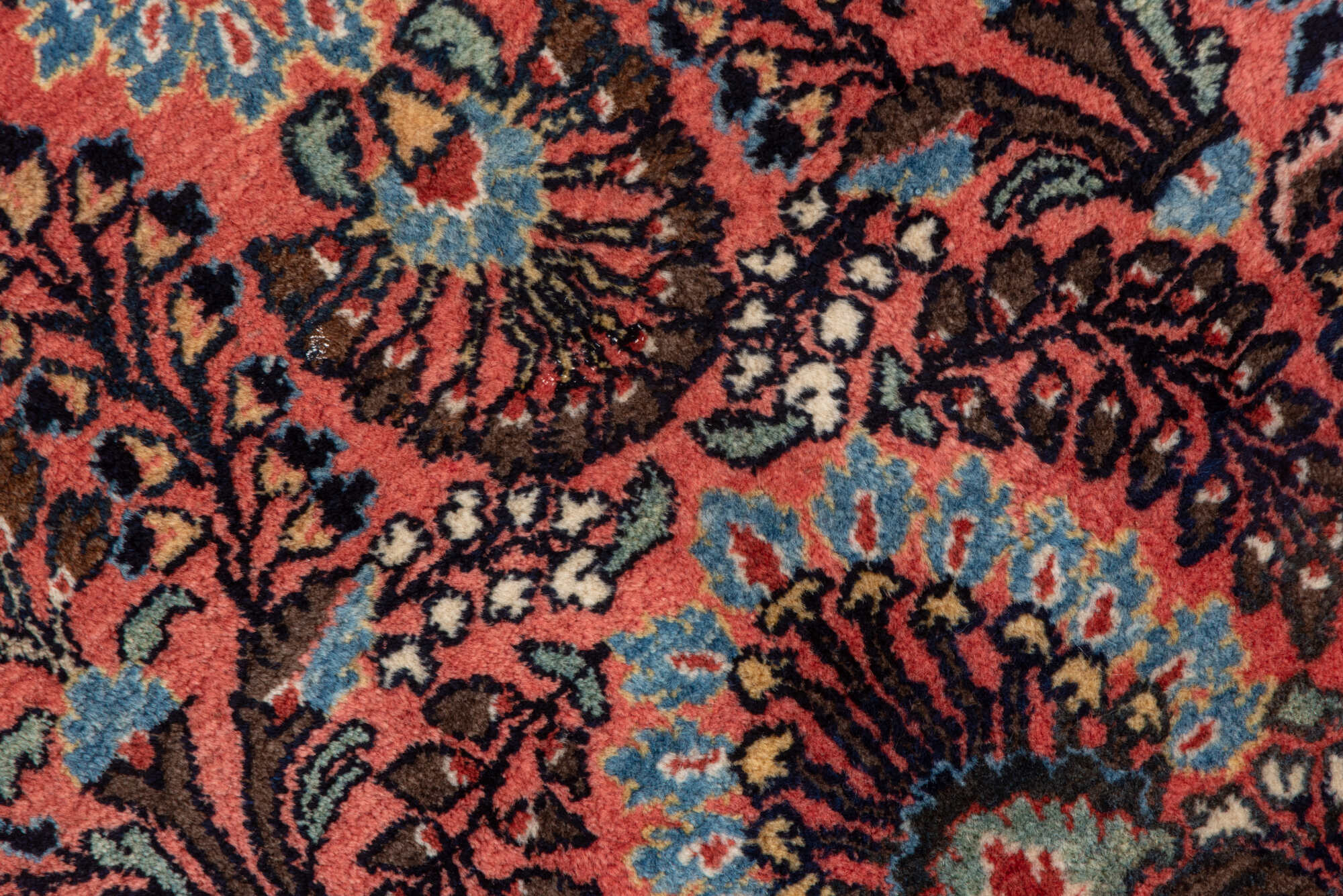 3' x 5' one-of-a-kind handmade vintage Sarouk small size rug. Color palette: black, blue, brown, gray, pink, red, redwood