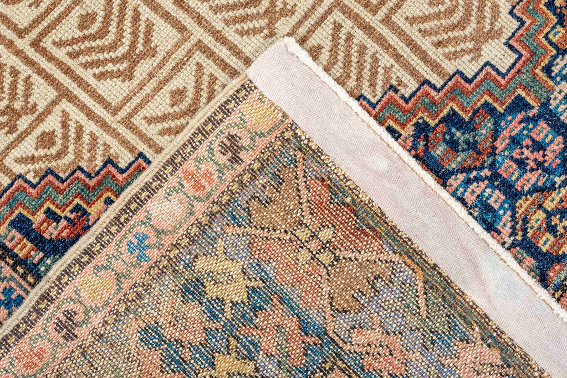 4' x 6' one-of-a-kind handmade vintage Cam Hamadan small size rug. Color palette: brown, pink, blue, gray, orange, off-white