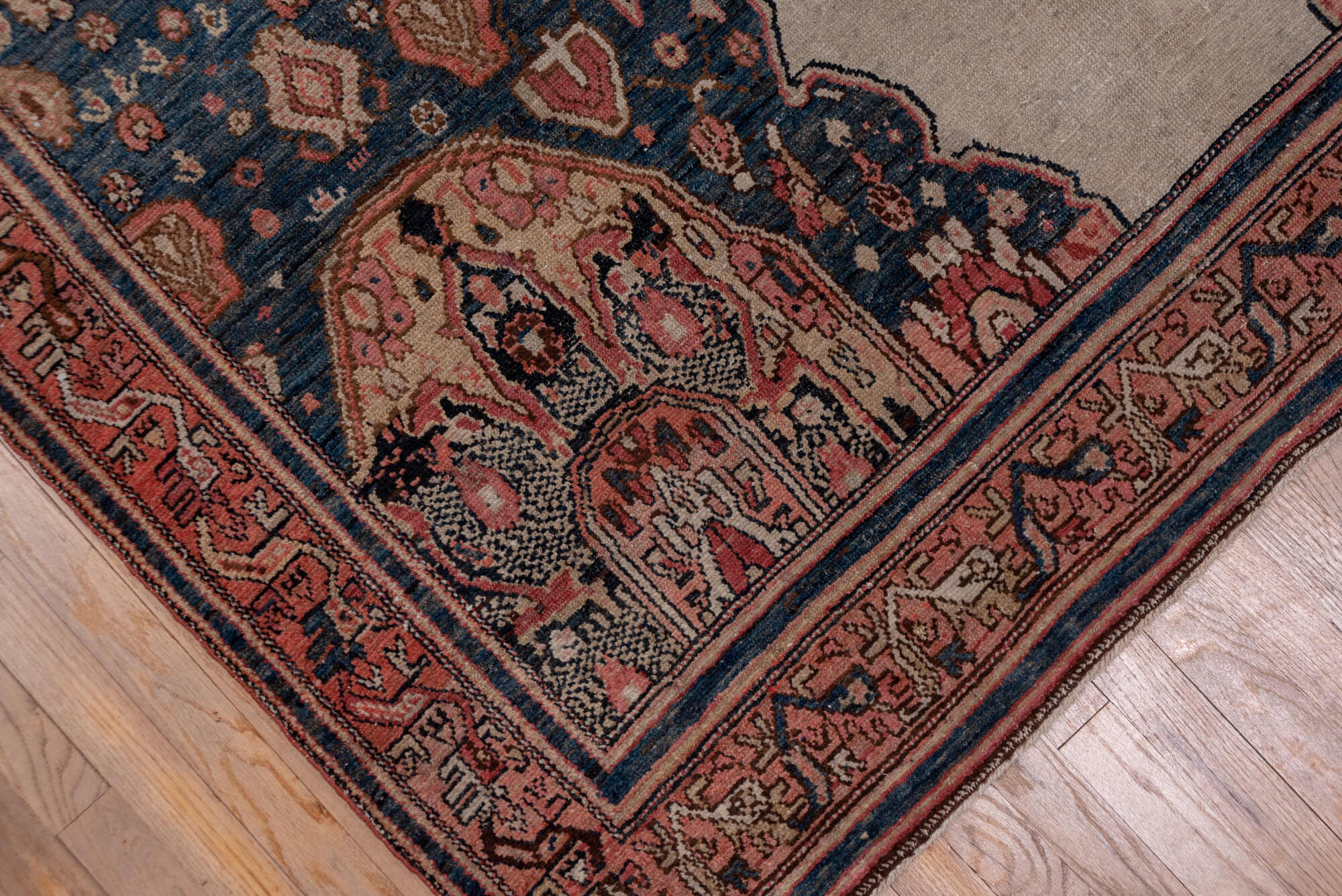 6' x 11' one-of-a-kind handmade vintage Malayer large size rug. Color palette: black, blue, brown, gray, pink, red, redwood