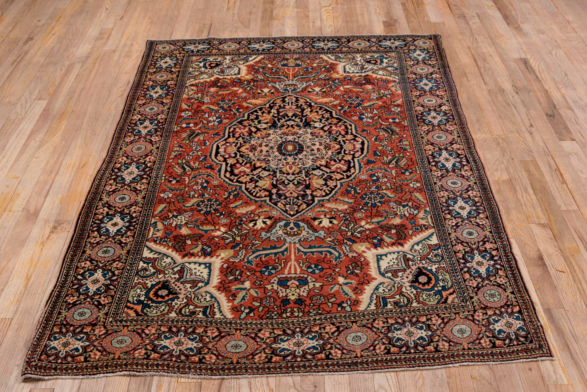 4' x 6' one-of-a-kind handmade vintage Far.Sarouk small size rug. Color palette: black, blue, brown, dark gray, gray