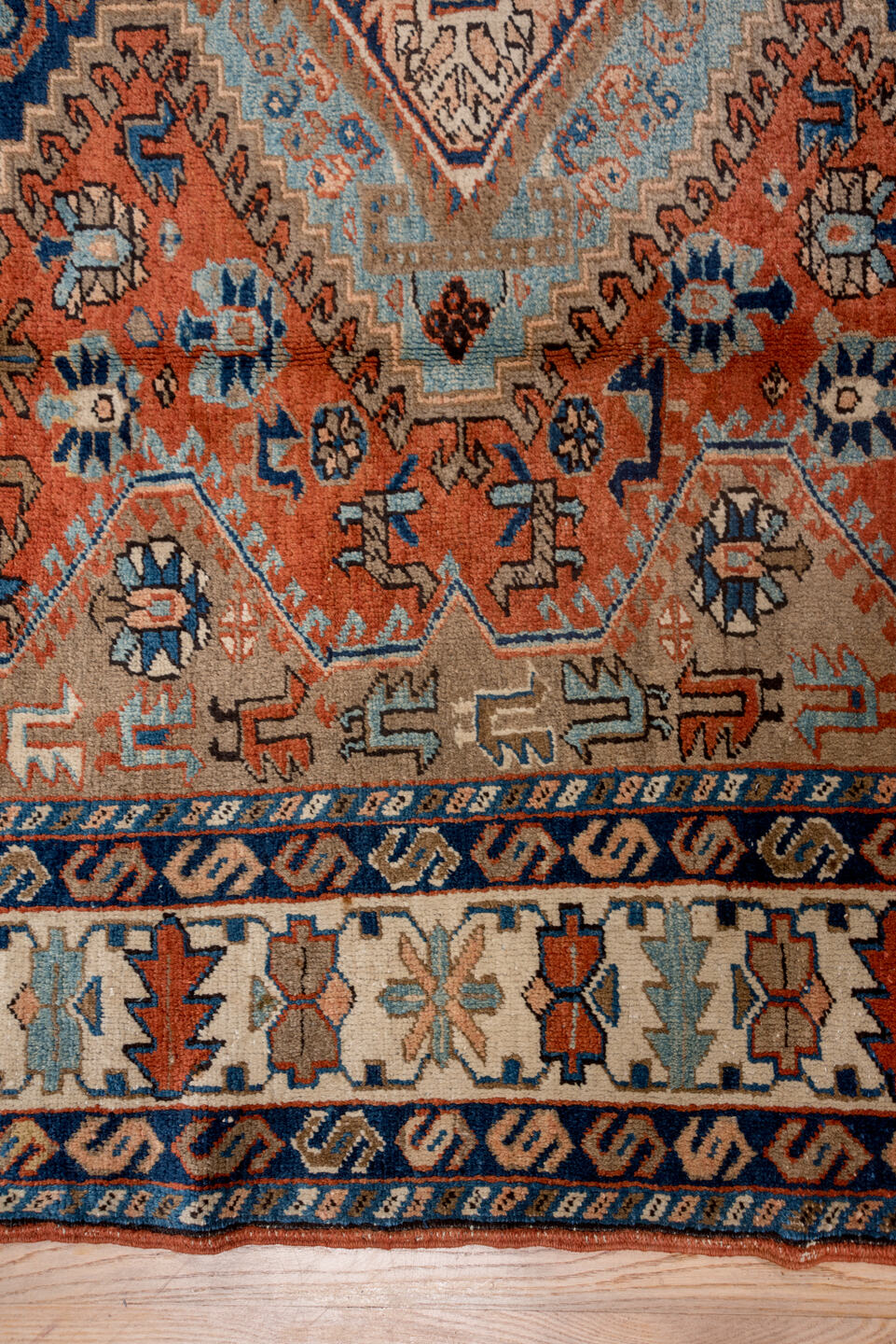 7' x 9' one-of-a-kind handmade vintage Heriz rug. Color palette: gray, blue, brown, pink, off-white, light gray, dim gray