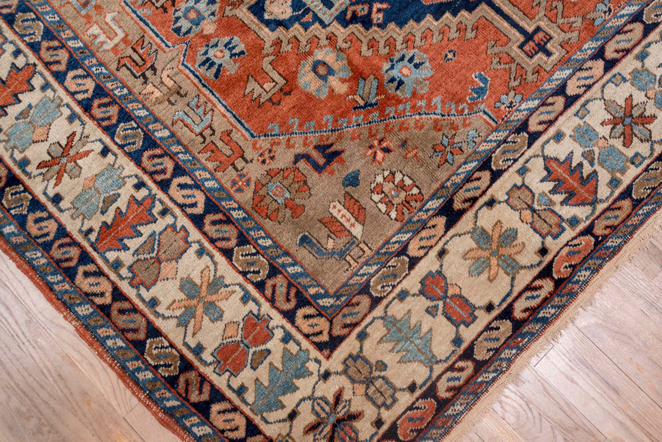 7' x 9' one-of-a-kind handmade vintage Heriz rug. Color palette: gray, blue, brown, pink, off-white, light gray, dim gray