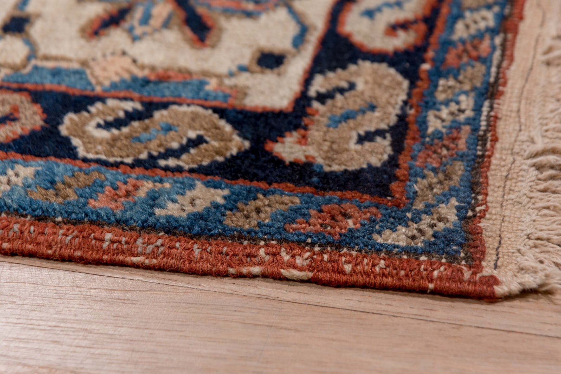 7' x 9' one-of-a-kind handmade vintage Heriz rug. Color palette: gray, blue, brown, pink, off-white, light gray, dim gray