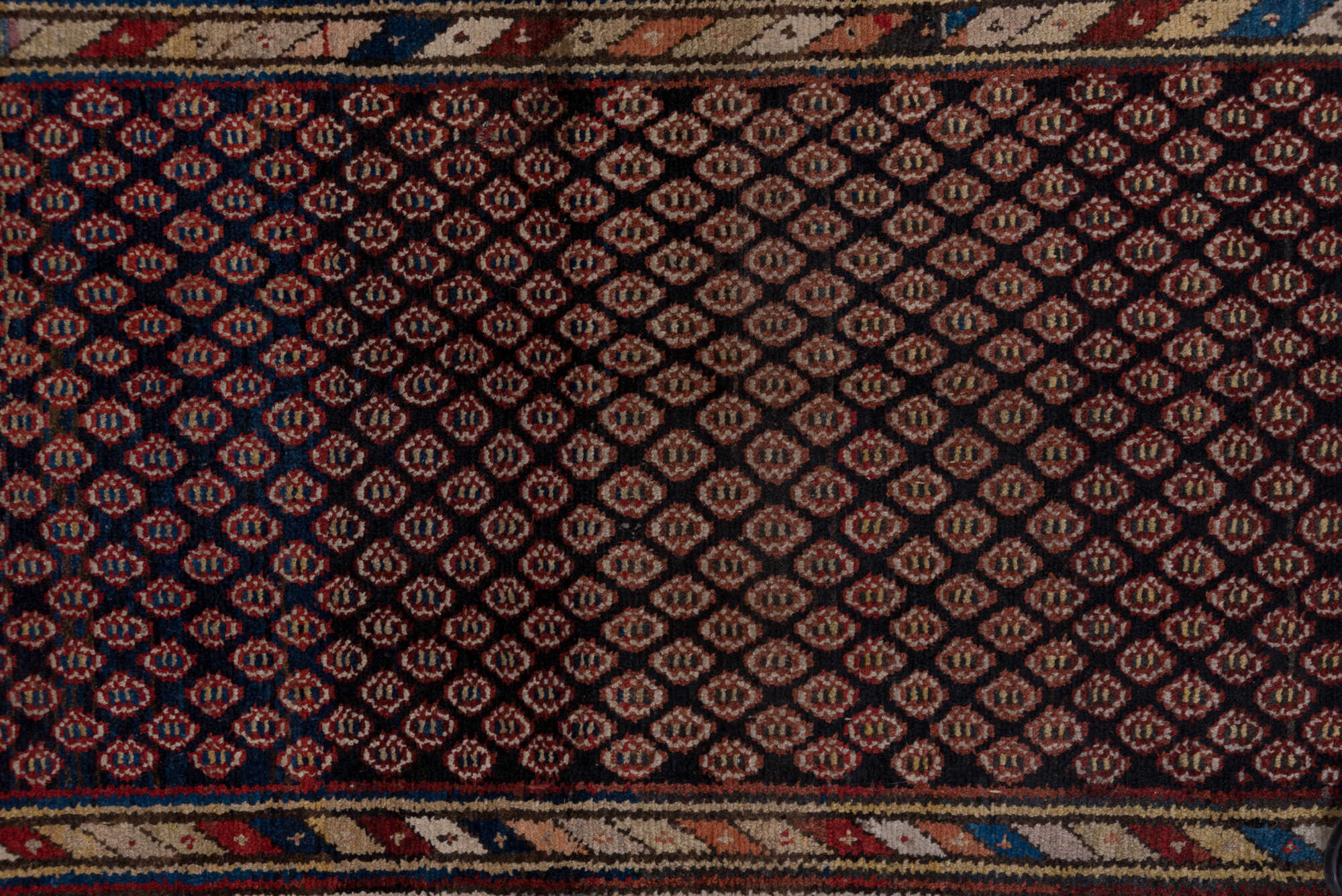 3' x 12' one-of-a-kind handmade vintage Malayer runner rug. Color palette: black, brown, gray, pink, red