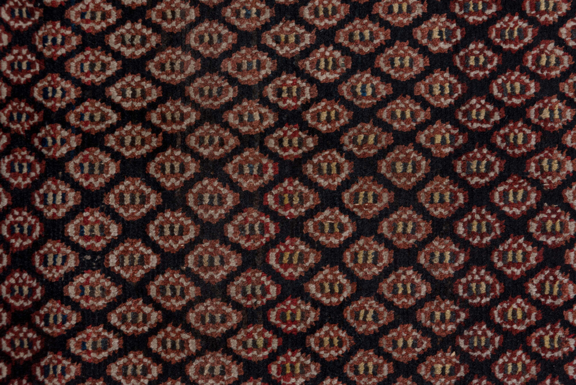 3' x 12' one-of-a-kind handmade vintage Malayer runner rug. Color palette: black, brown, gray, pink, red