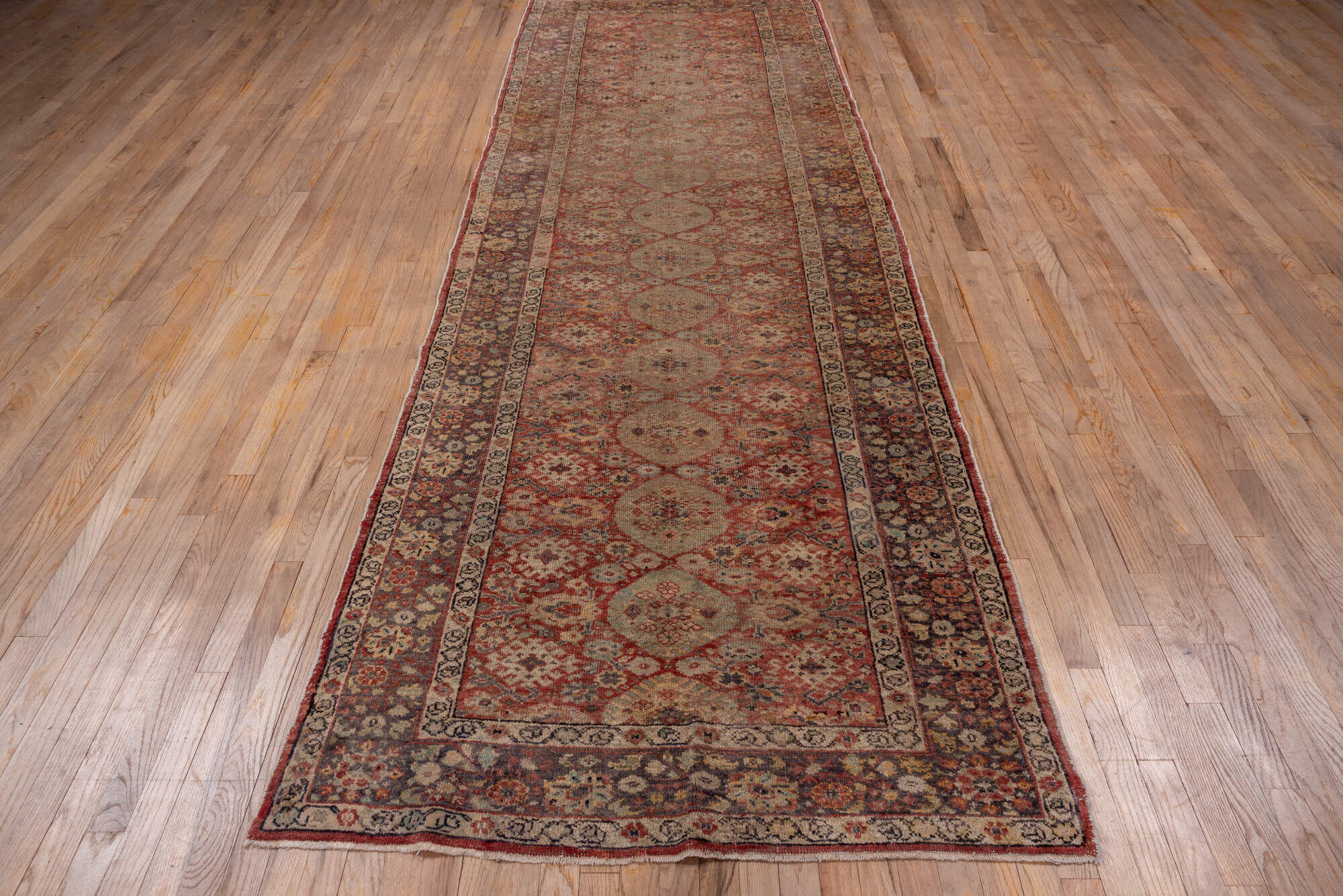 4' x 12' one-of-a-kind handmade vintage Oushak runner rug. Color palette: brown, gray, light gray, off-white, pink, red