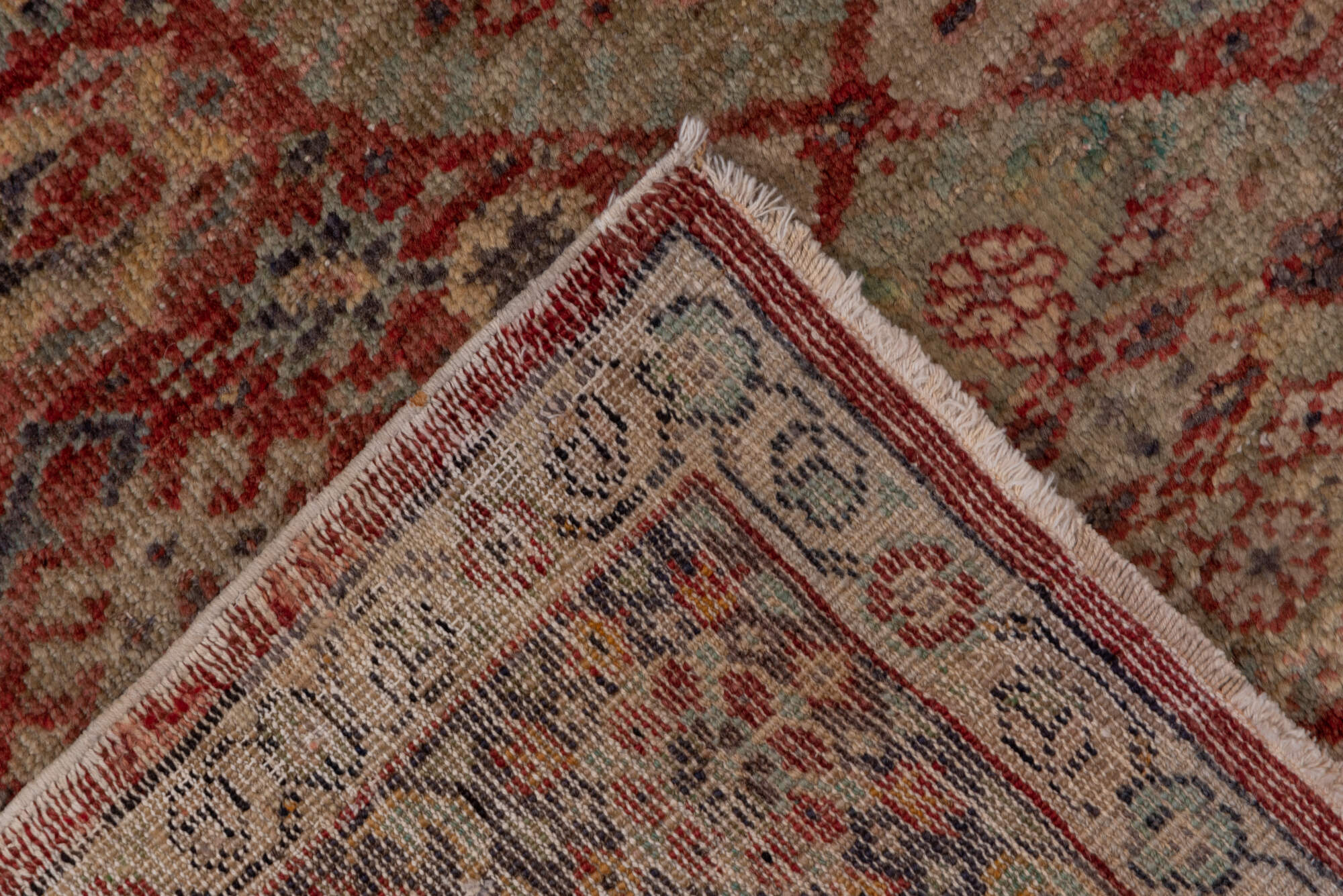 4' x 12' one-of-a-kind handmade vintage Oushak runner rug. Color palette: brown, gray, light gray, off-white, pink, red