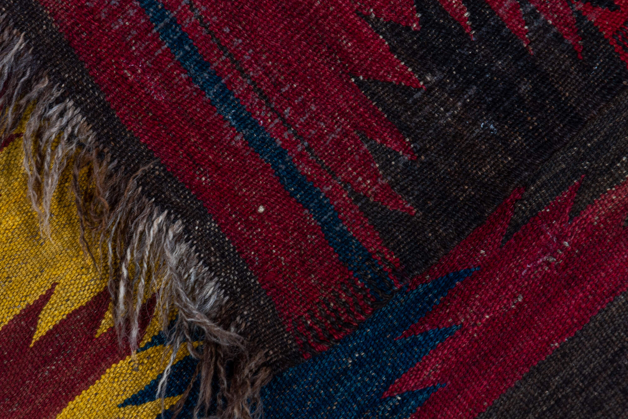 6' x 9' one-of-a-kind handmade vintage Kilim medium size rug. Color palette: black, brown, gray, pink, red