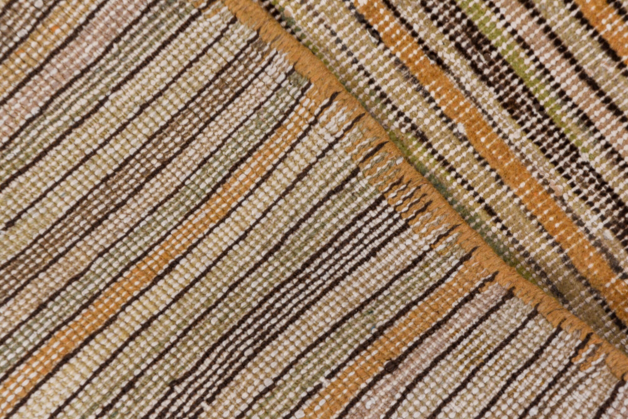 2' x 6' one-of-a-kind handmade vintage Tulu runner rug. Color palette: brown, gray, light gray, off-white, orange, snow