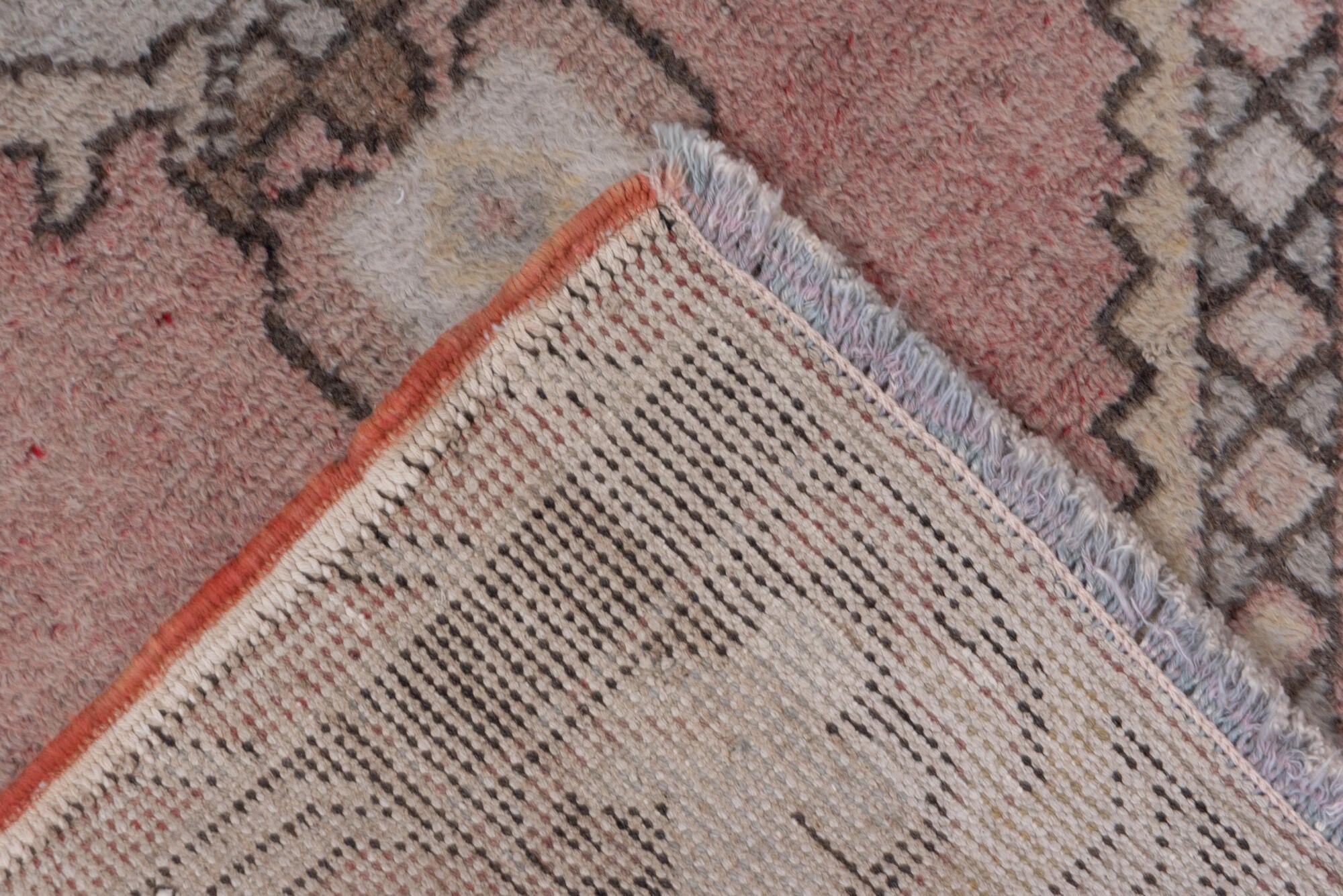 2' x 9' one-of-a-kind handmade vintage Oushak runner rug. Color palette: brown, gray, light gray, off-white, pink, snow